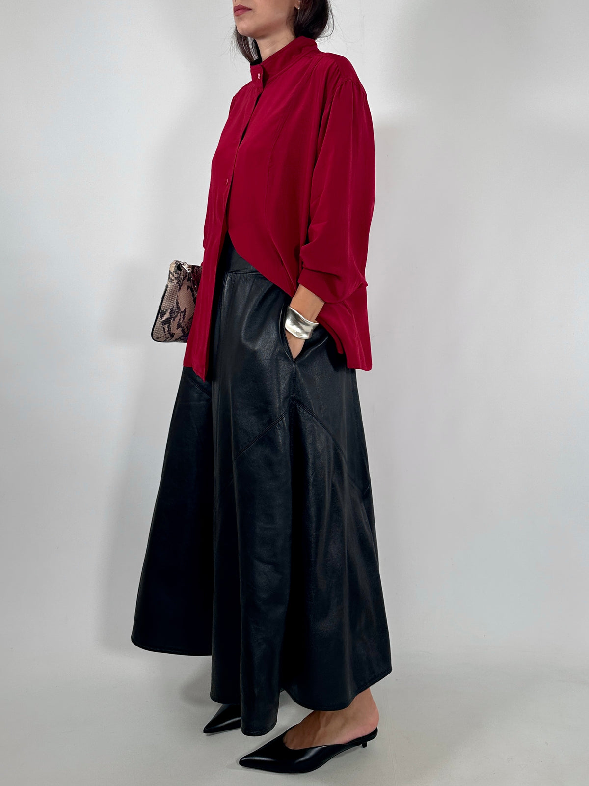 Red Silk Mandarin Collar Shirt