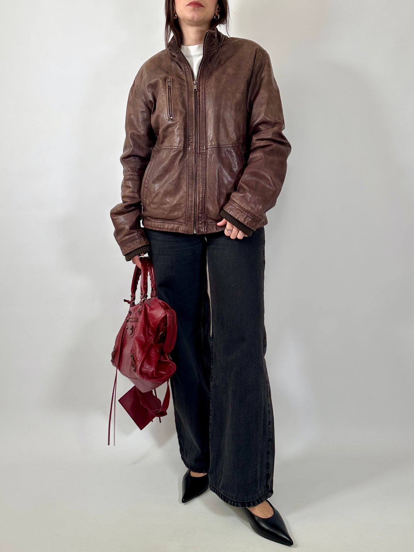 Vintage Brown Leather Zip Jacket