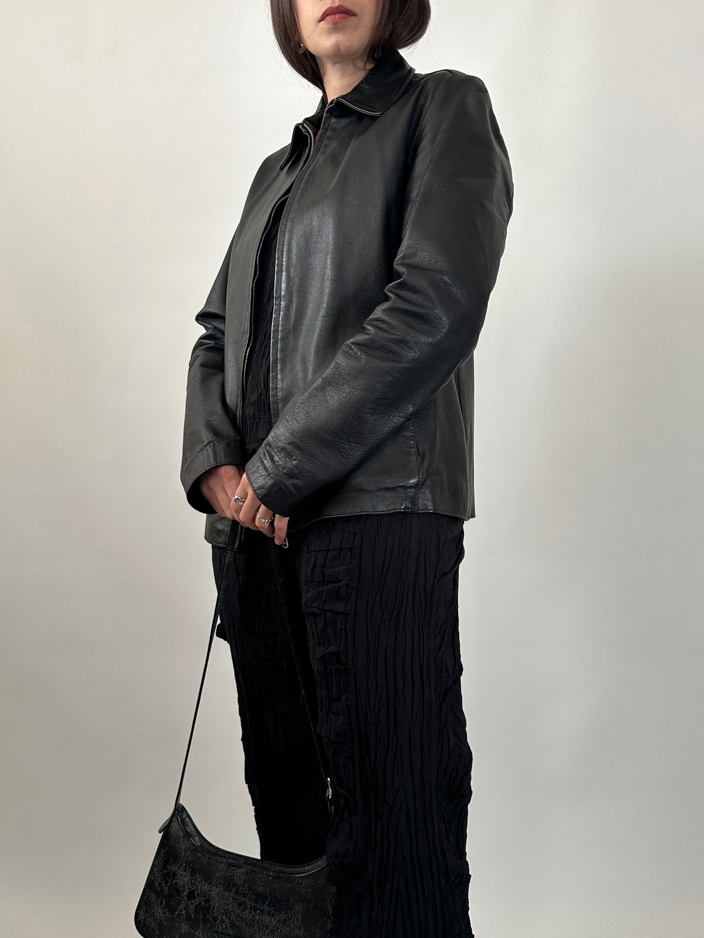 Minimal Black Leather Zip-Up Jacket