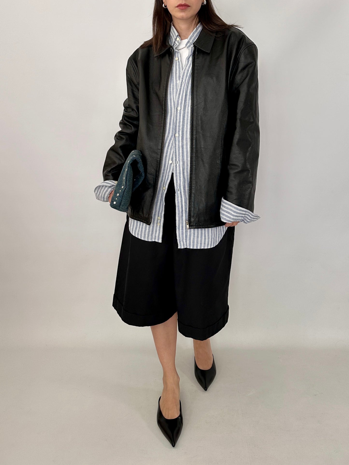 Relaxed fit leather zipped jacket