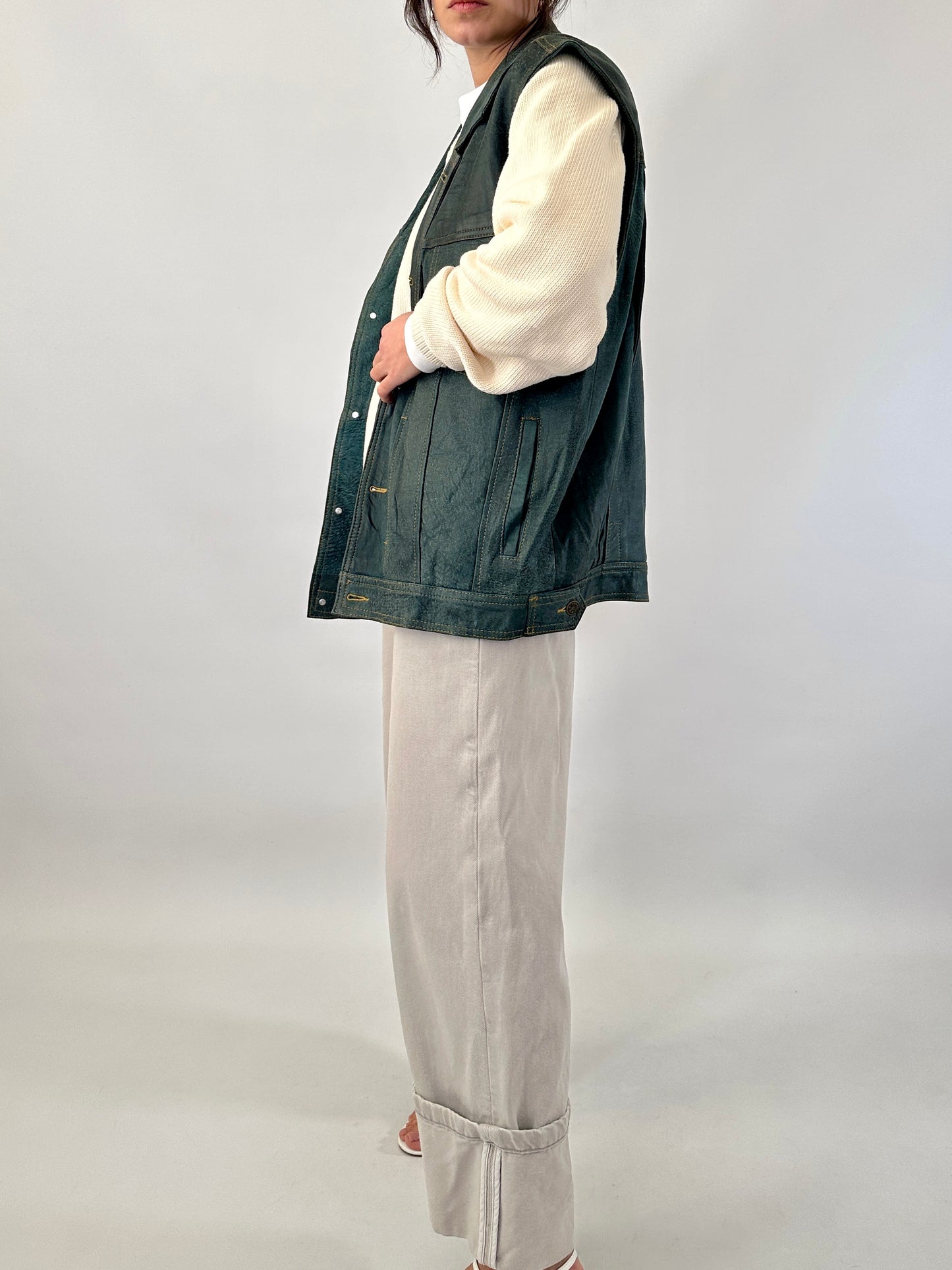 Genuine leather vest denim effect