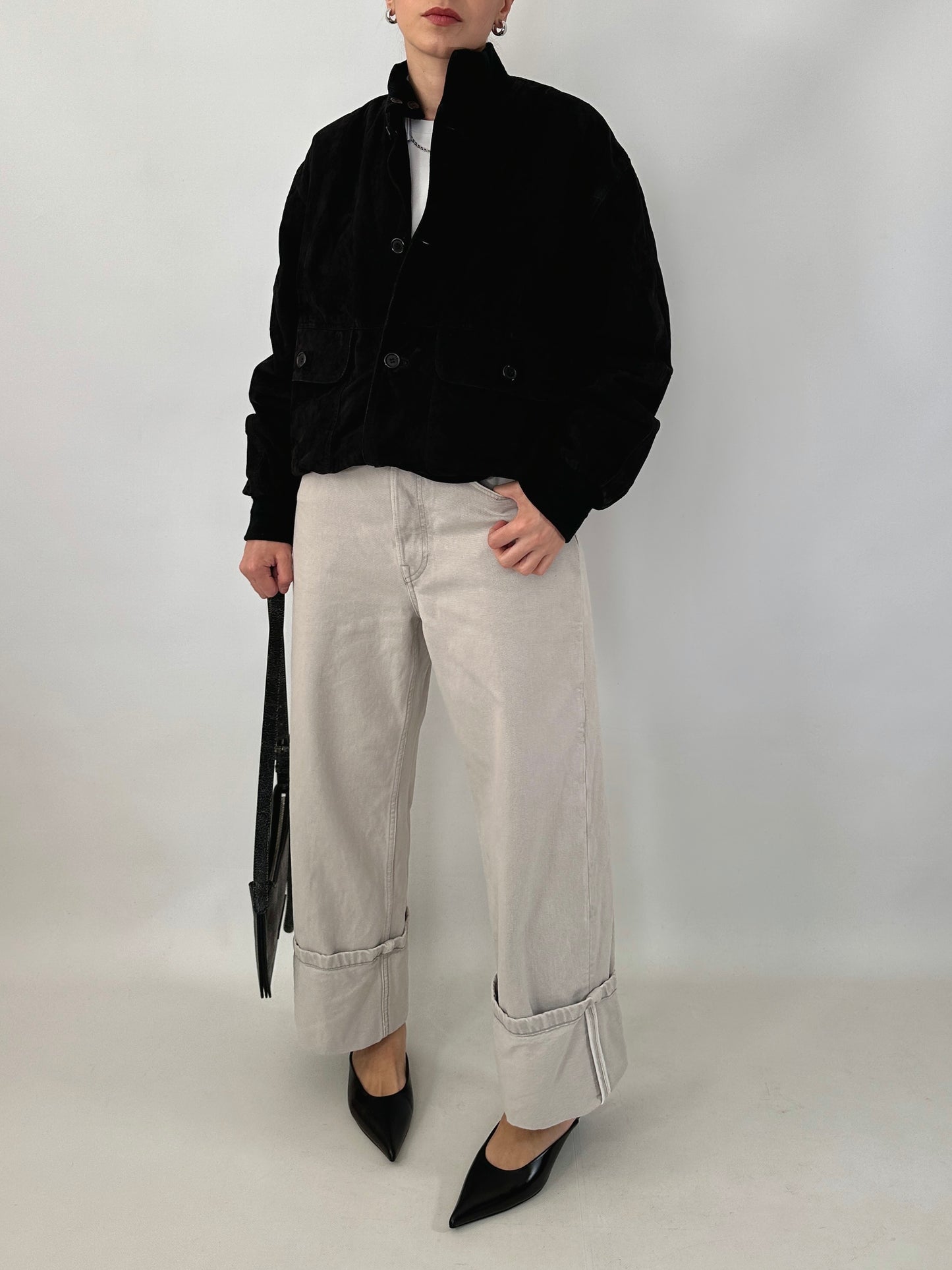 Vintage black bomber jacket in suede