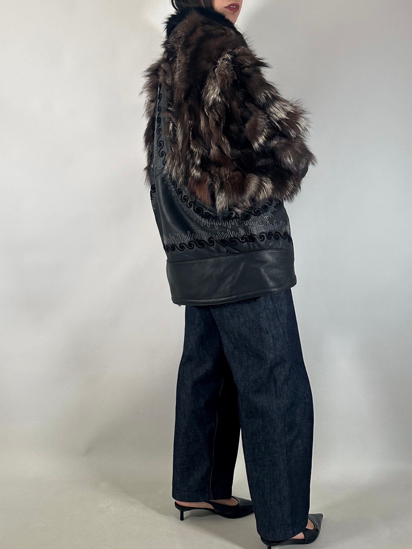 Embroidered Shearling Jacket with Fur Sleeves