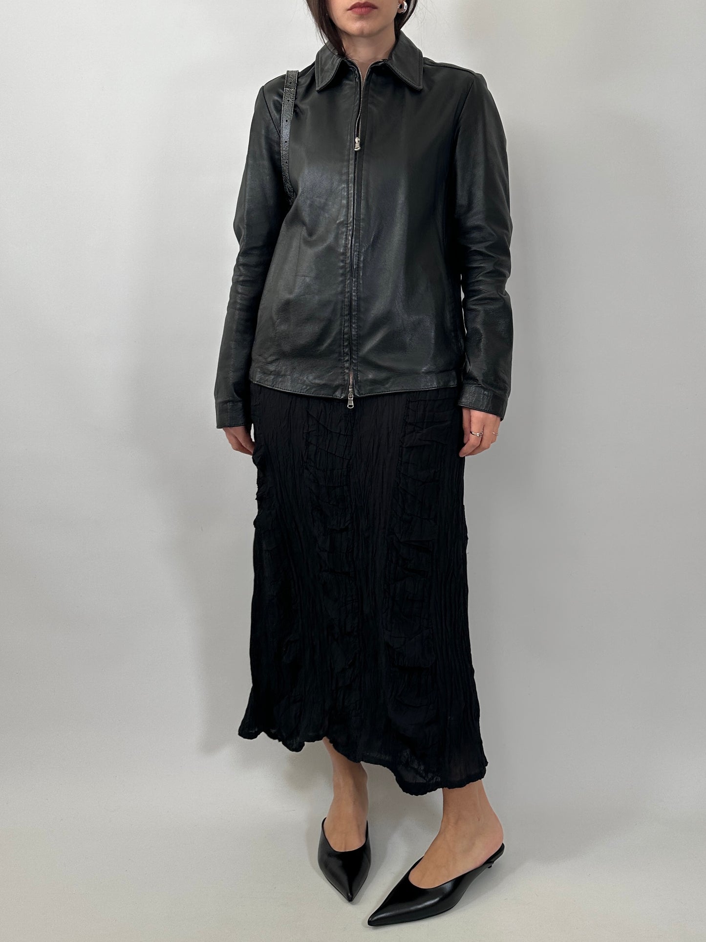Minimal Black Leather Zip-Up Jacket