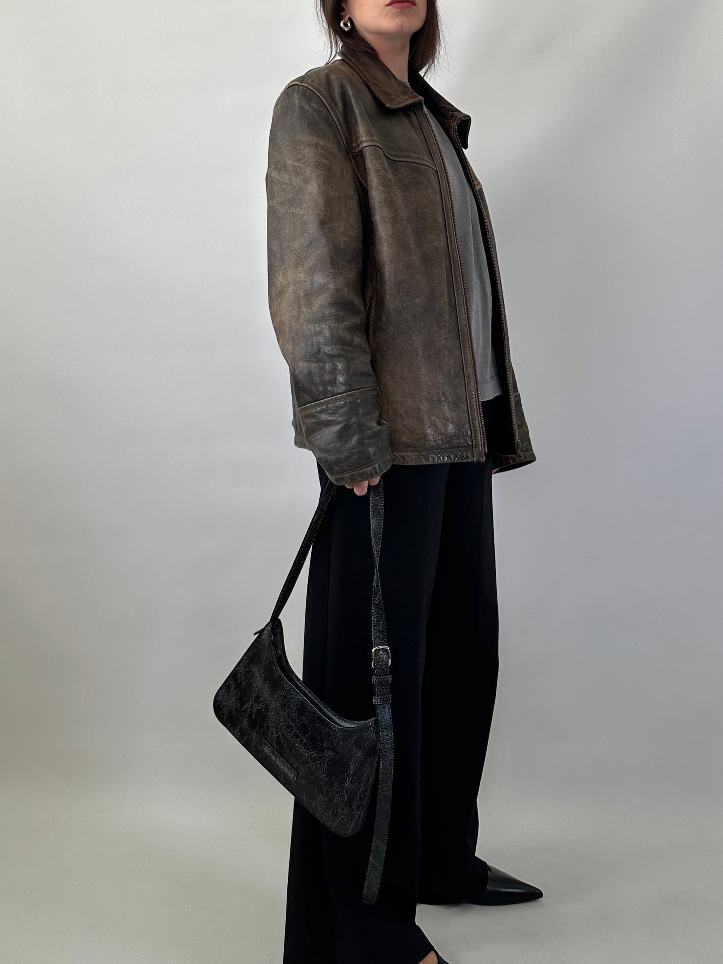 Distressed effect real leather jacket