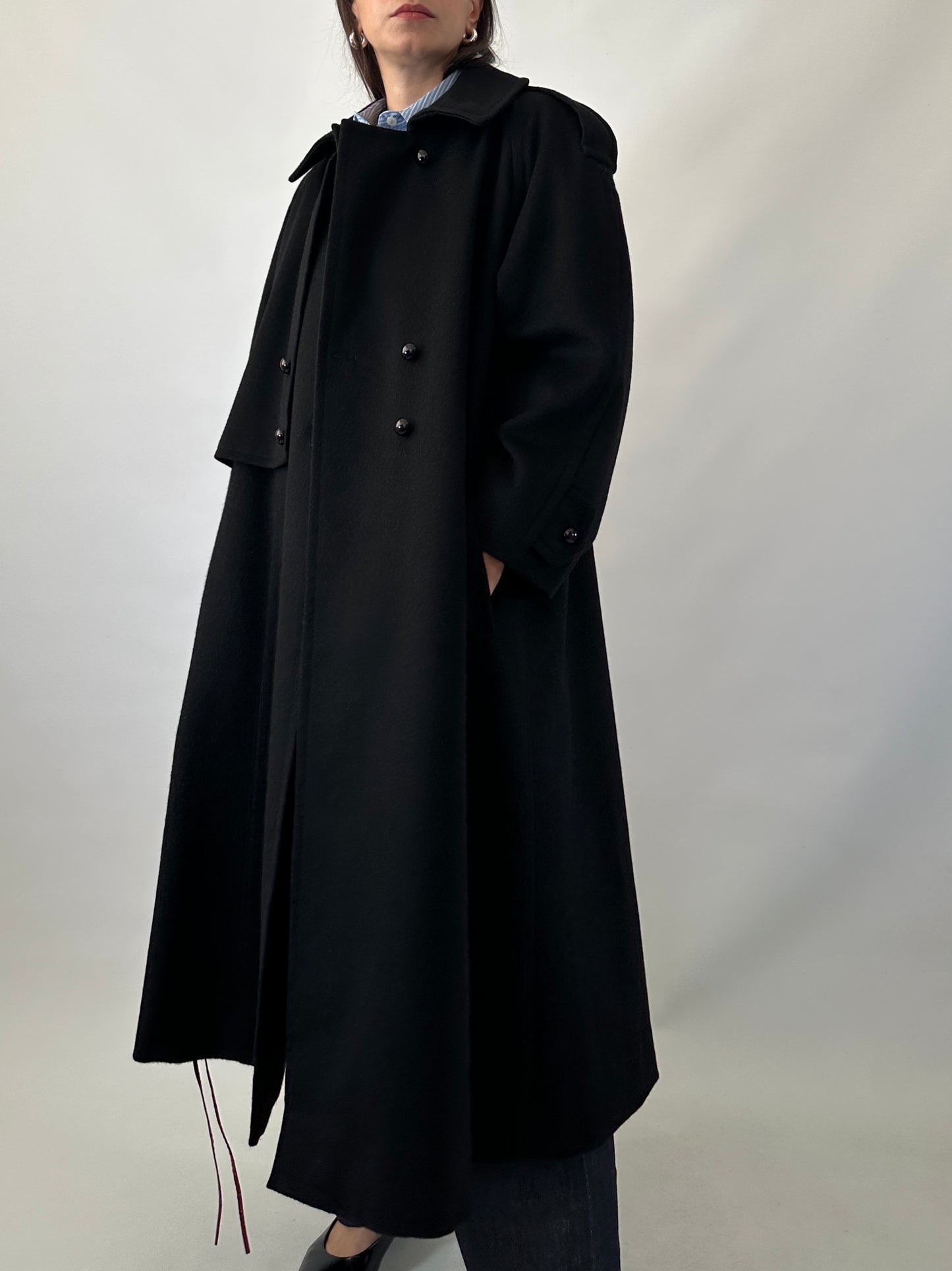 Vintage black wool coat with cape detail