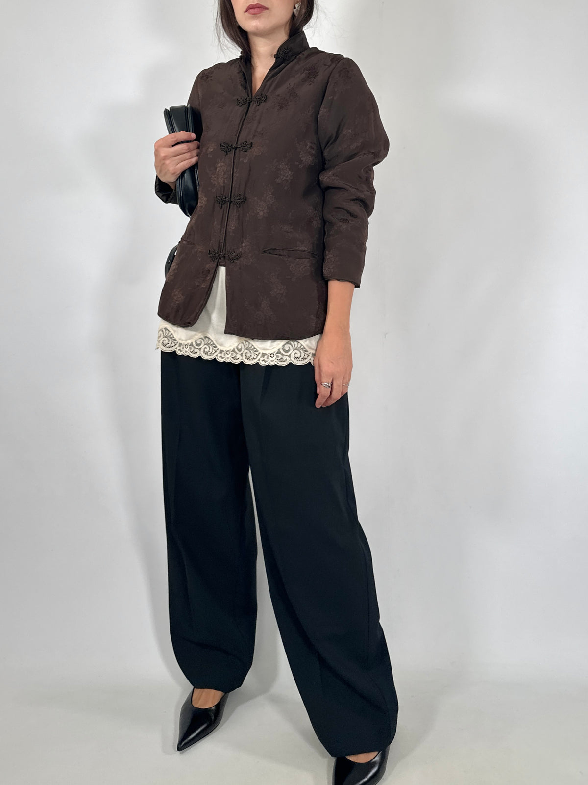 Brown Silk Jacquard Mandarin Jacket