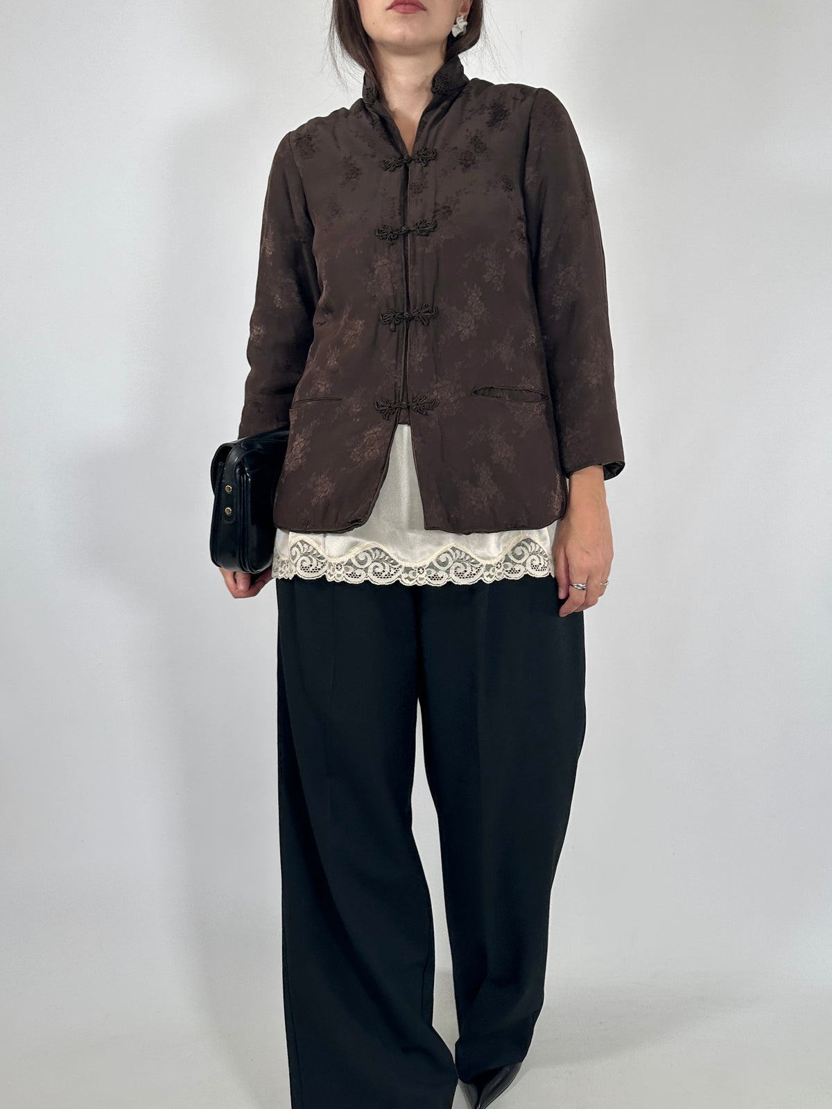 Brown Silk Jacquard Mandarin Jacket