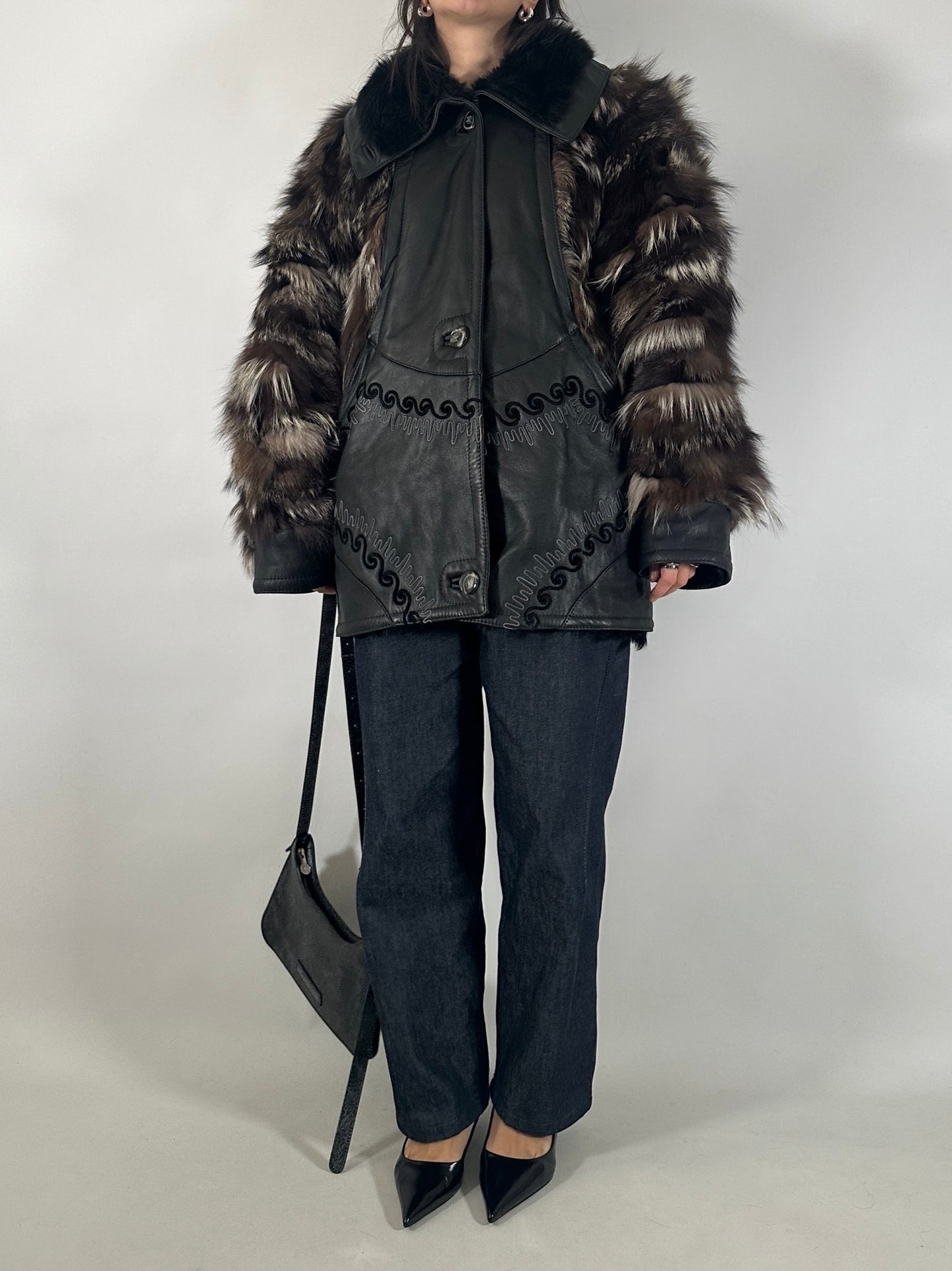 Embroidered Shearling Jacket with Fur Sleeves