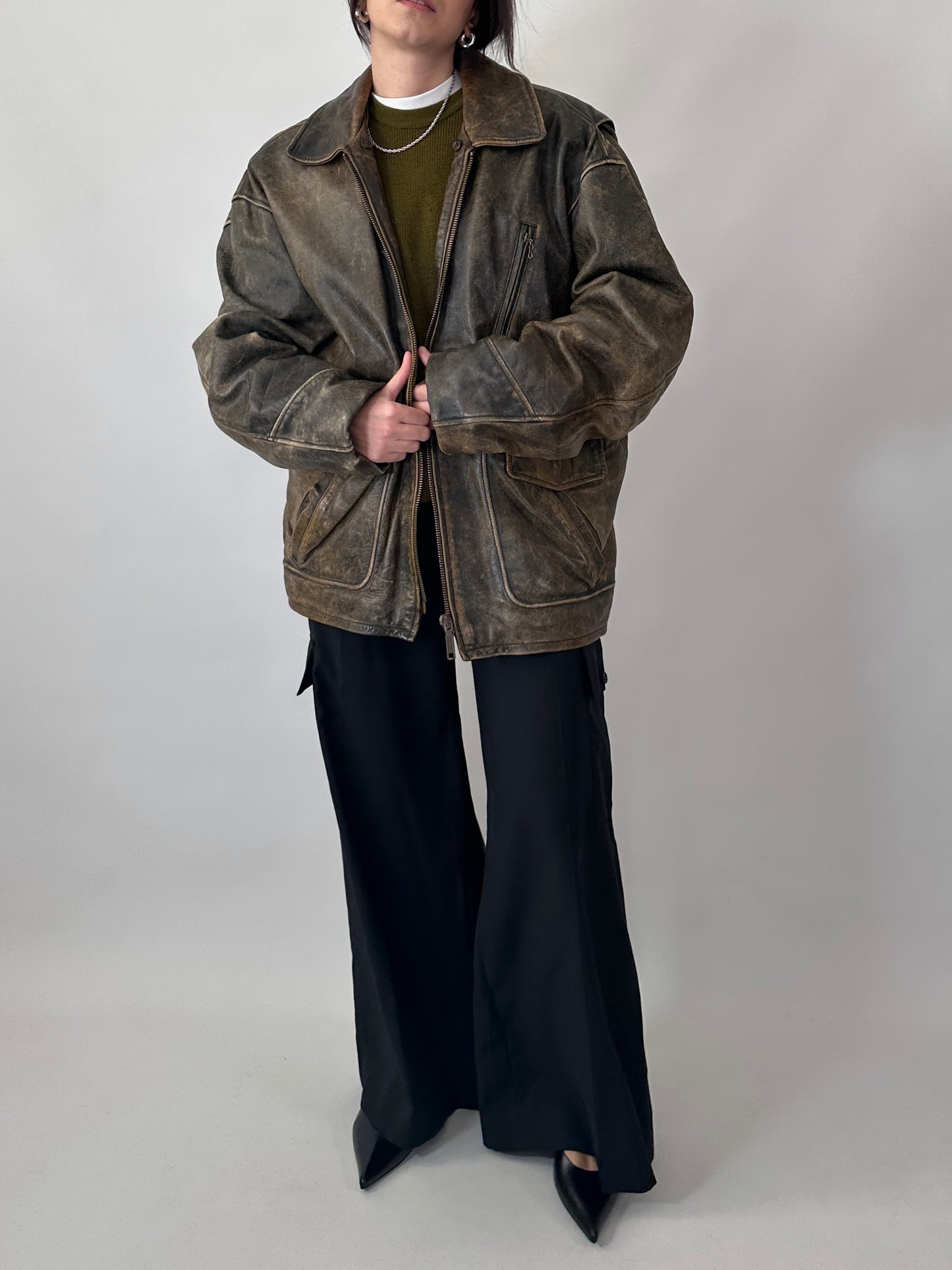 Oversized aviator jacket in distressed real leather