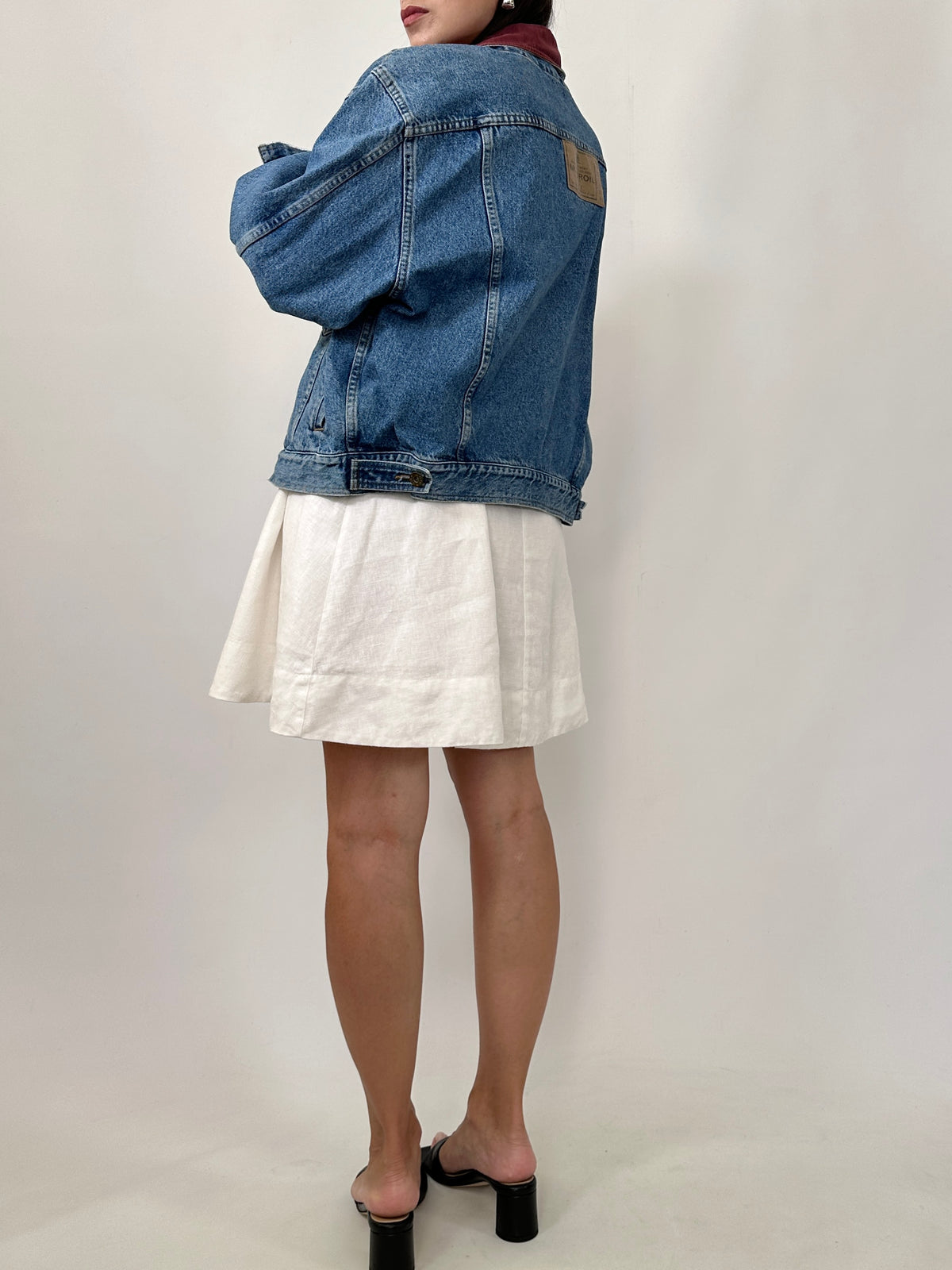 Vintage Denim Trucker Jacket with Burgundy Collar