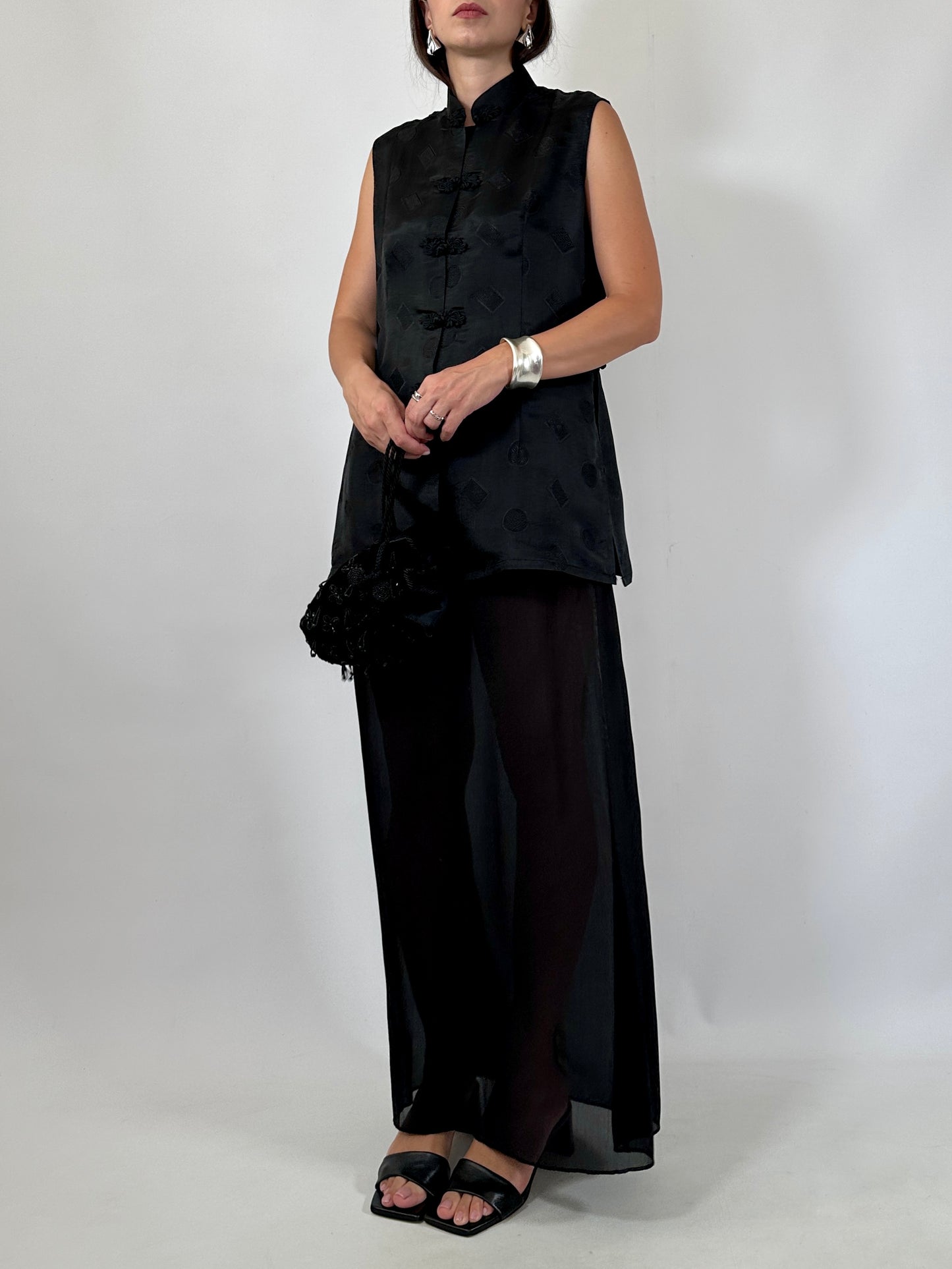 Black Silk Jacquard Frog Closure Blouse