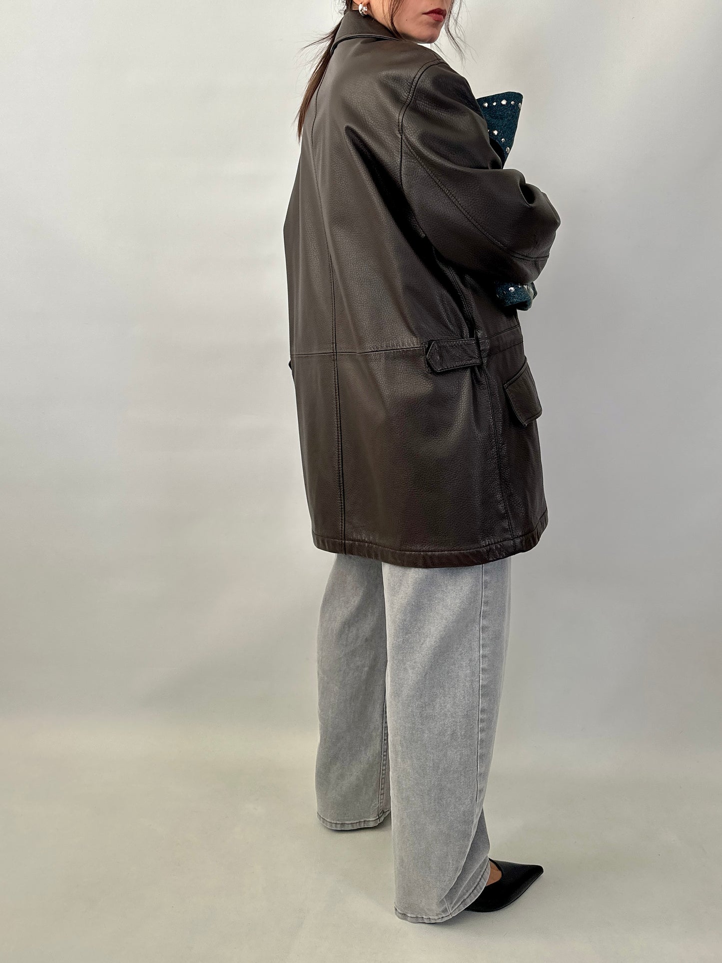 Grained lamb leather brown coat