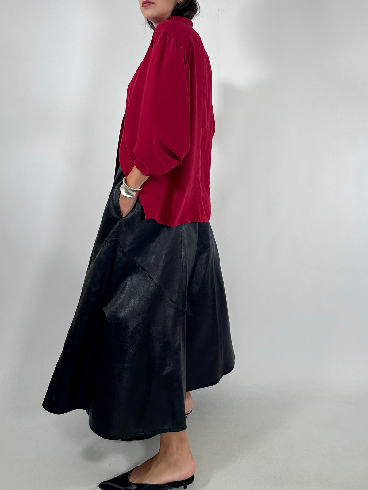 Red Silk Mandarin Collar Shirt