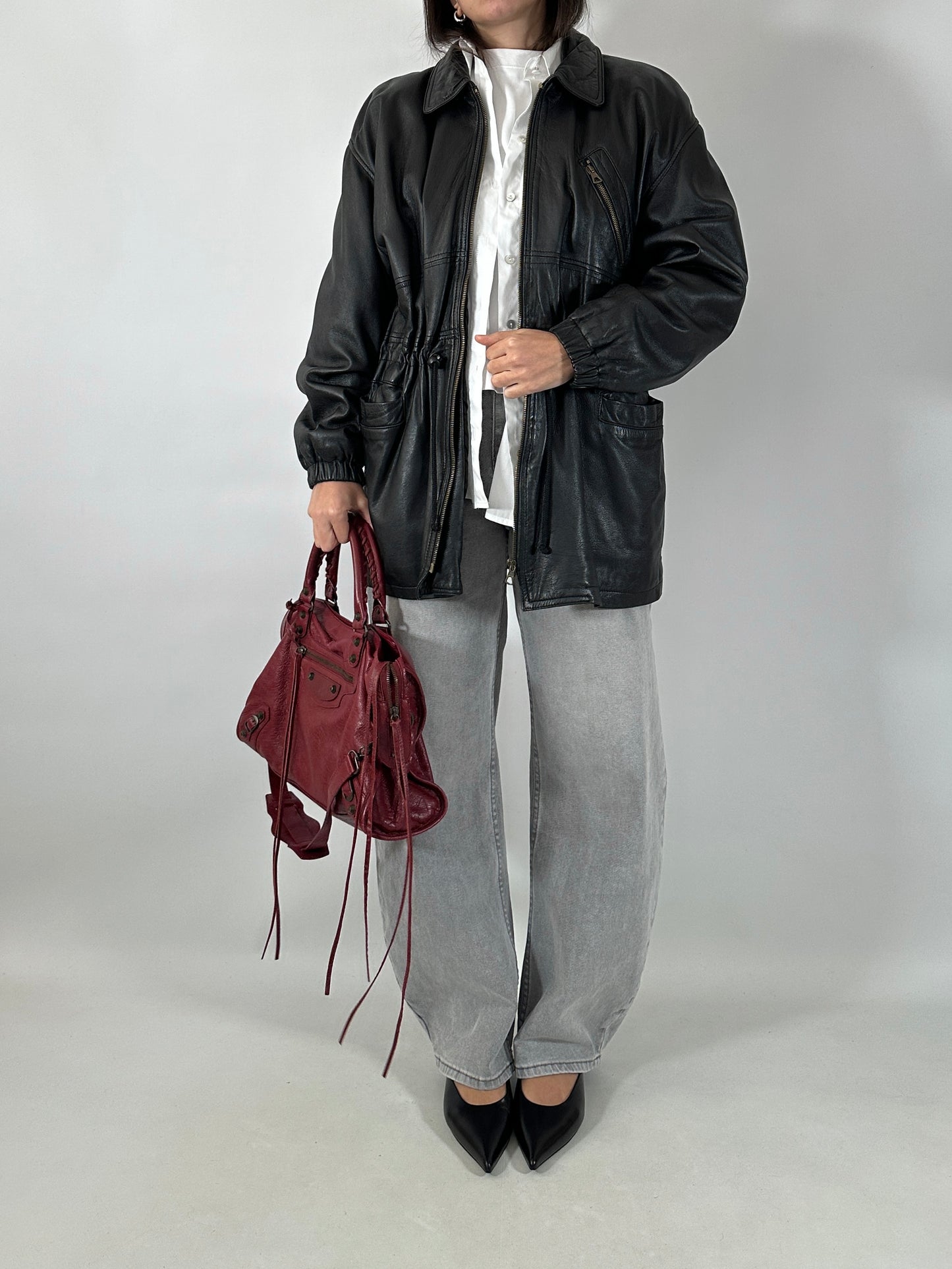 Vintage leather jacket with waist tie detail