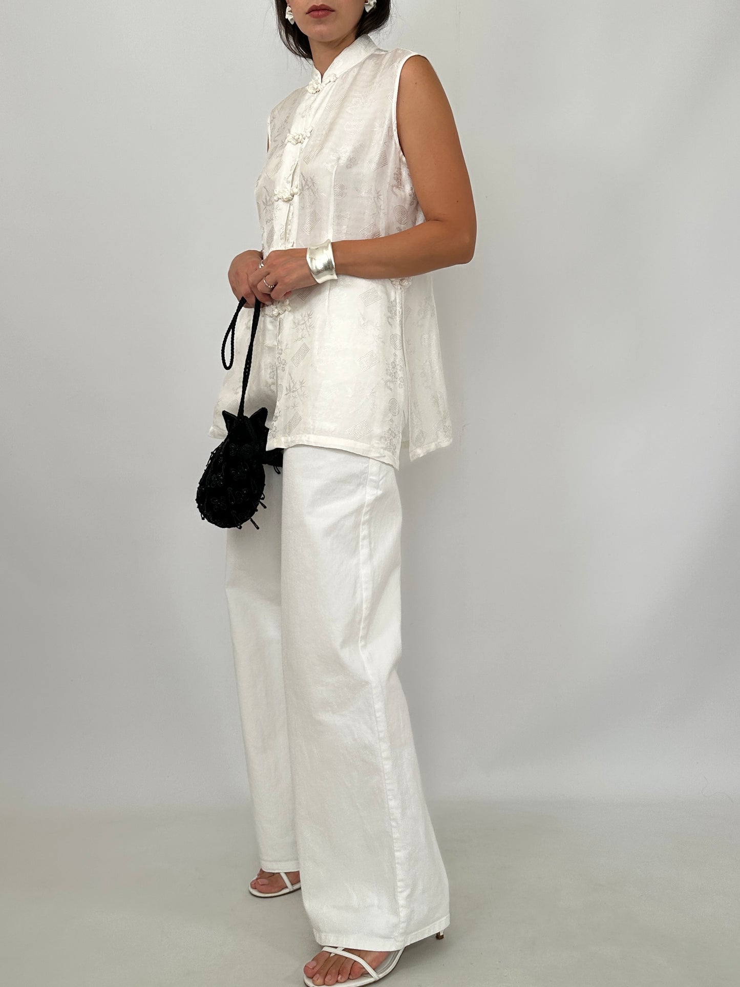 White Silk Jacquard Frog Closure Blouse