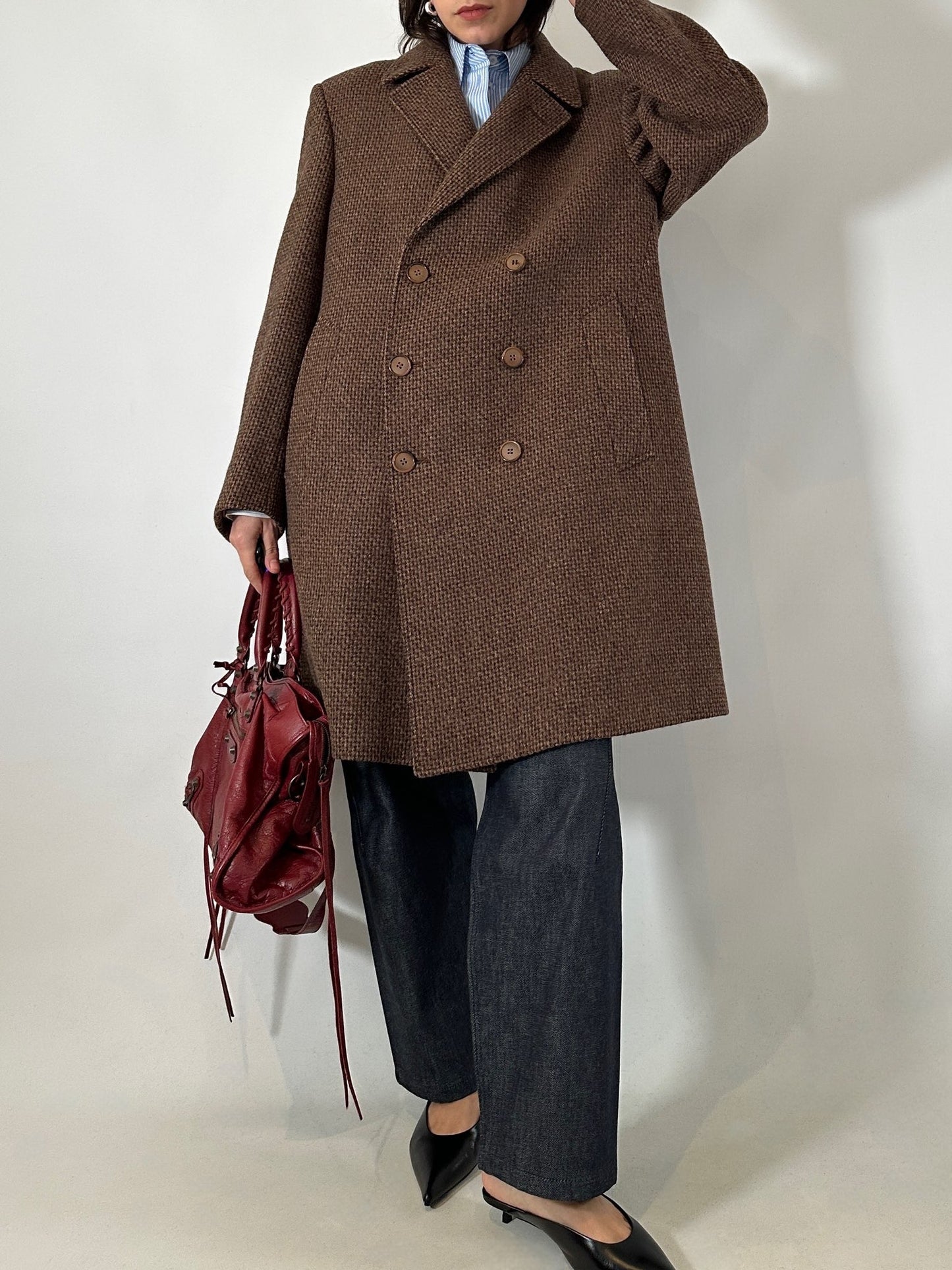 Brown tweed double-breasted coat