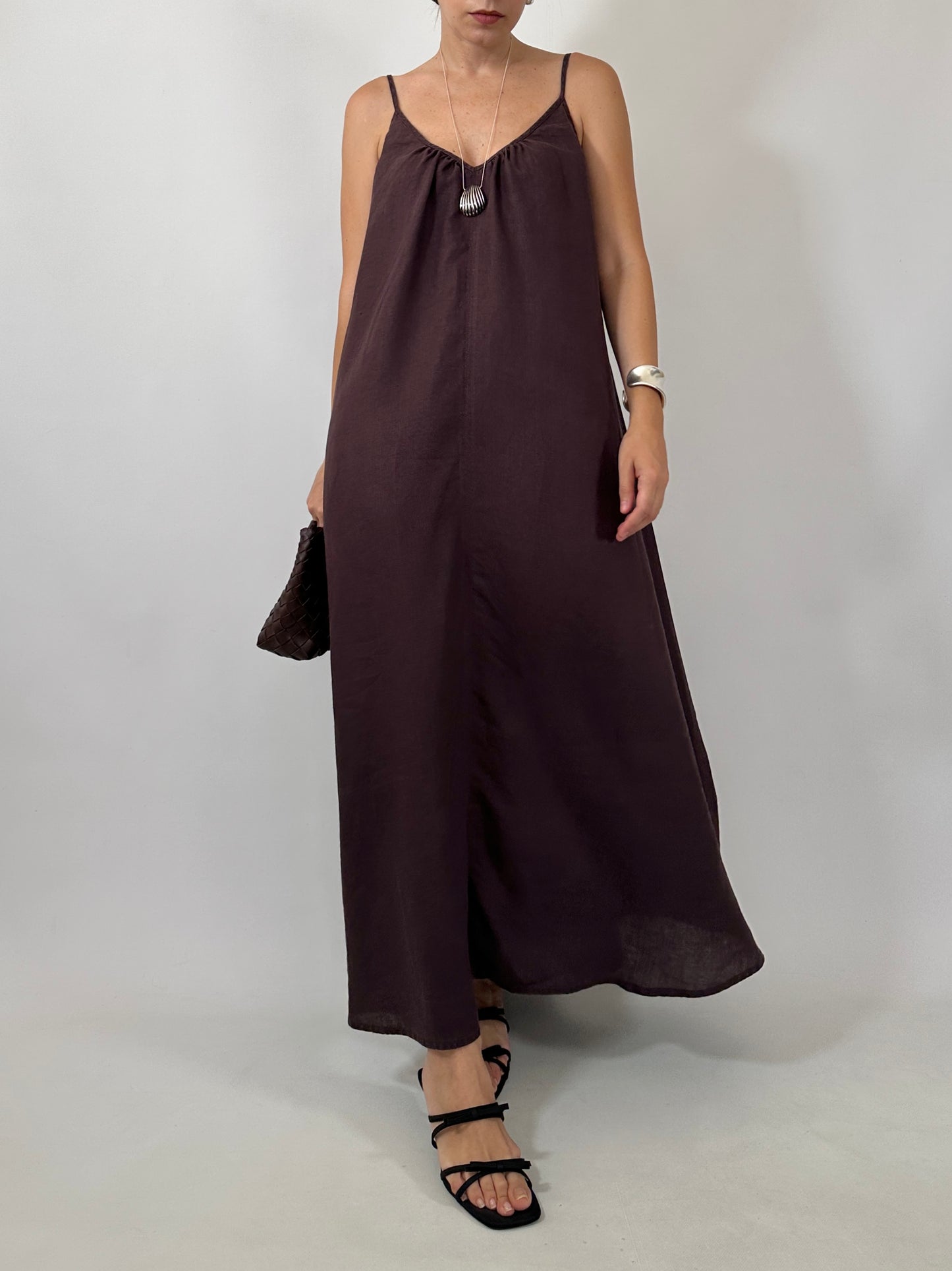 Chocolate Brown 100% Linen Maxi Dress