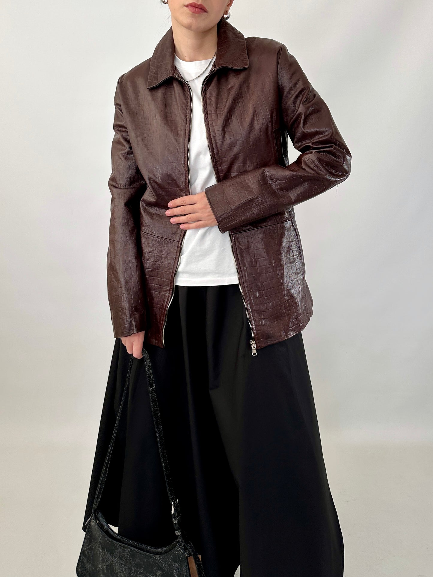 Brown croc-print genuine leather jacket