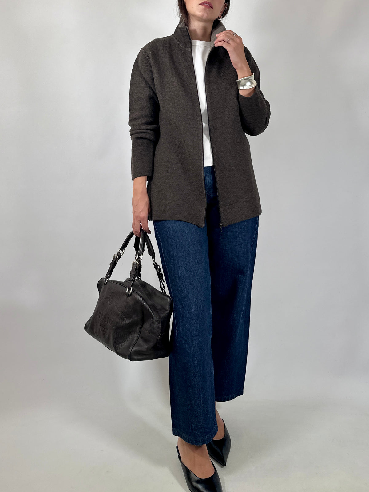 Brown Zip-Up Knit Cardigan