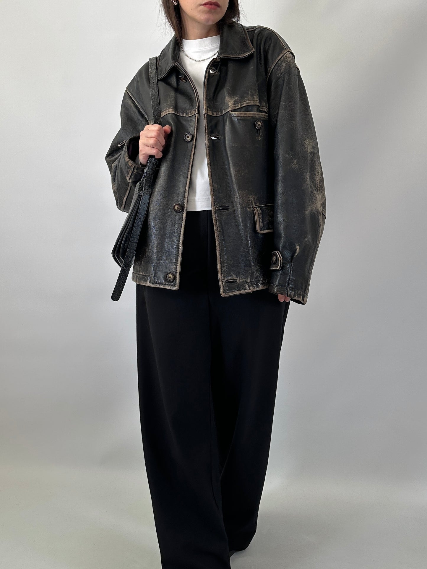 Distressed leather Harrington jacket