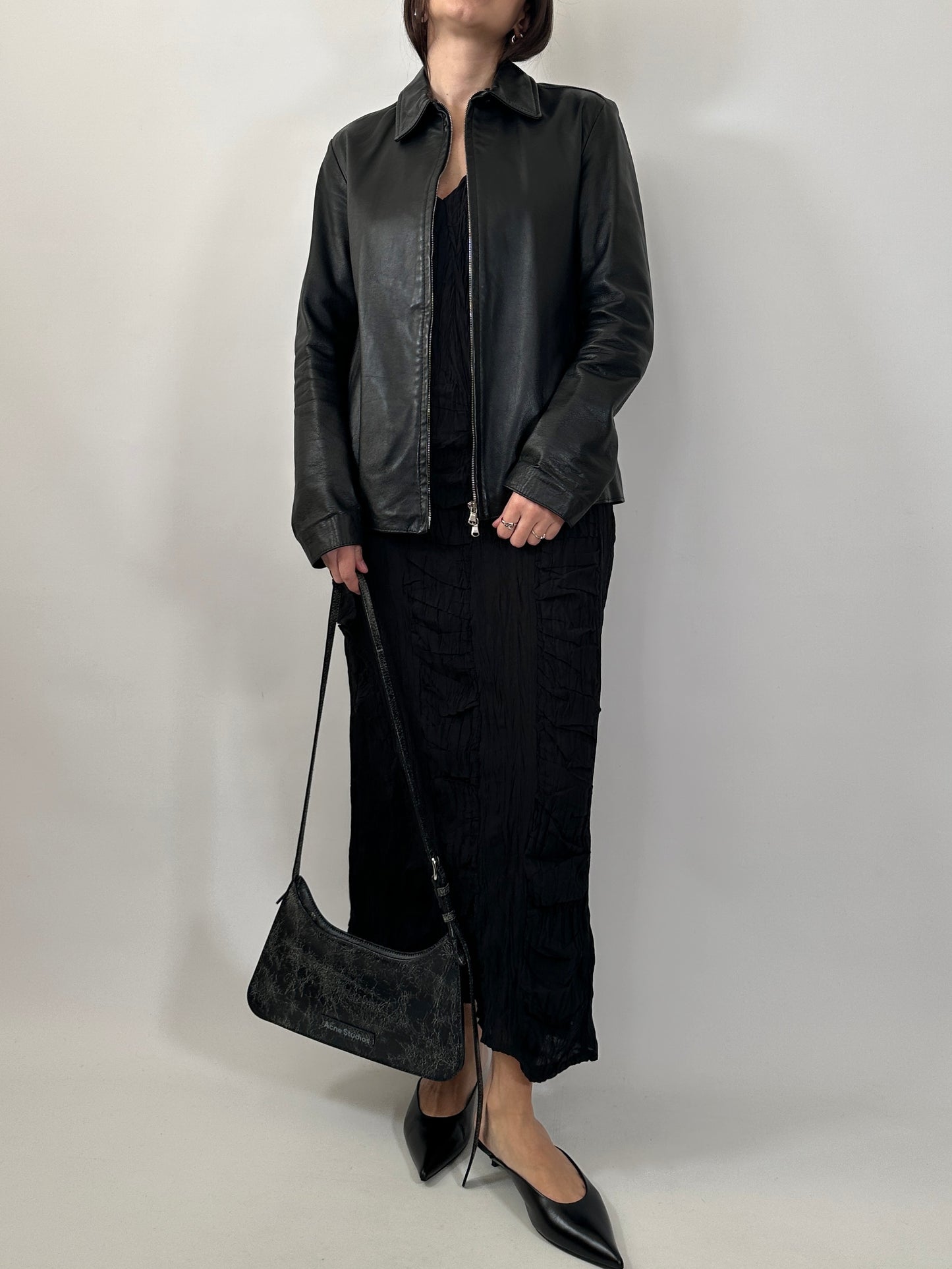 Minimal Black Leather Zip-Up Jacket