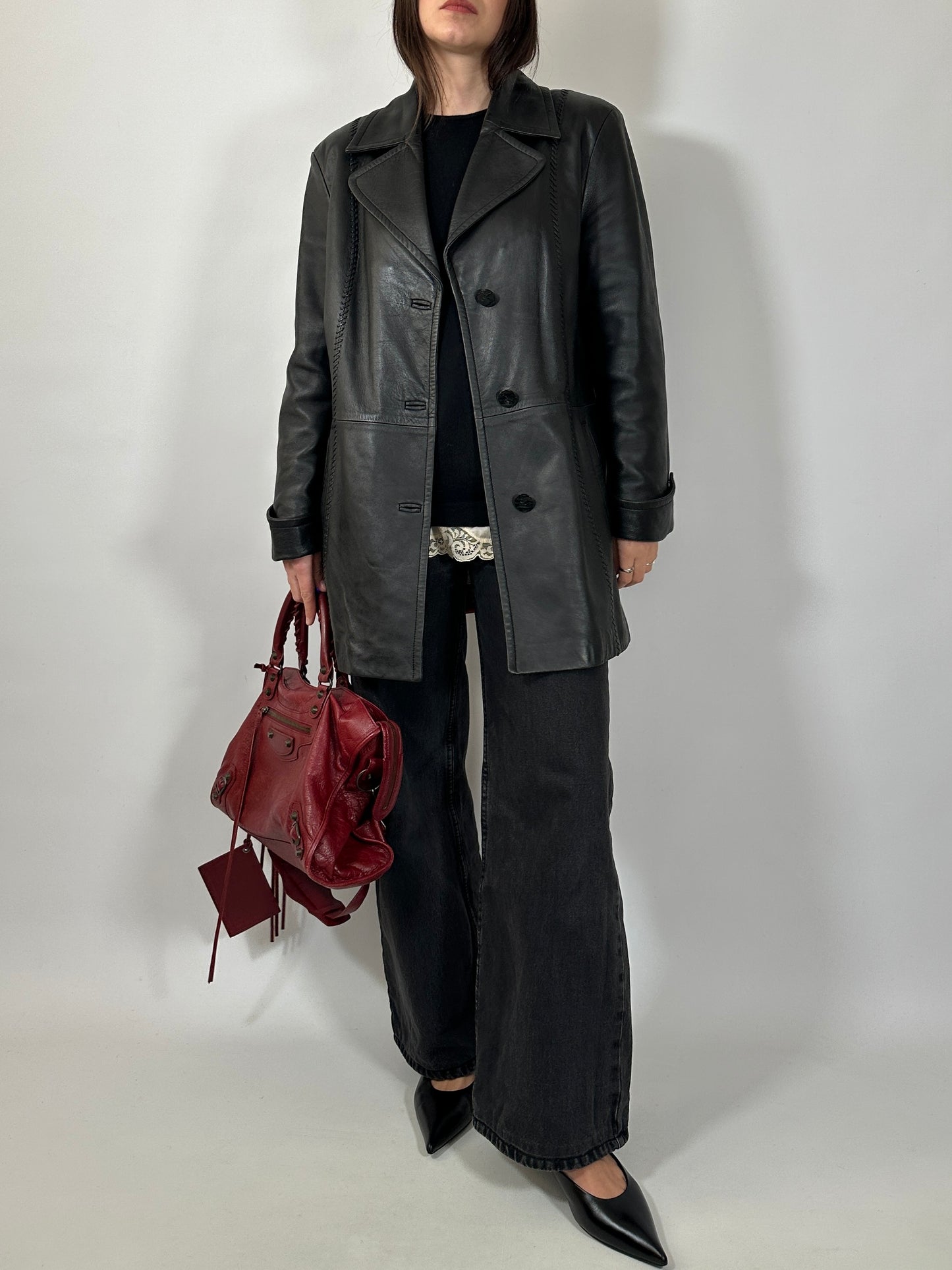 Soft Leather Nappa Coat with Whipstitch Details
