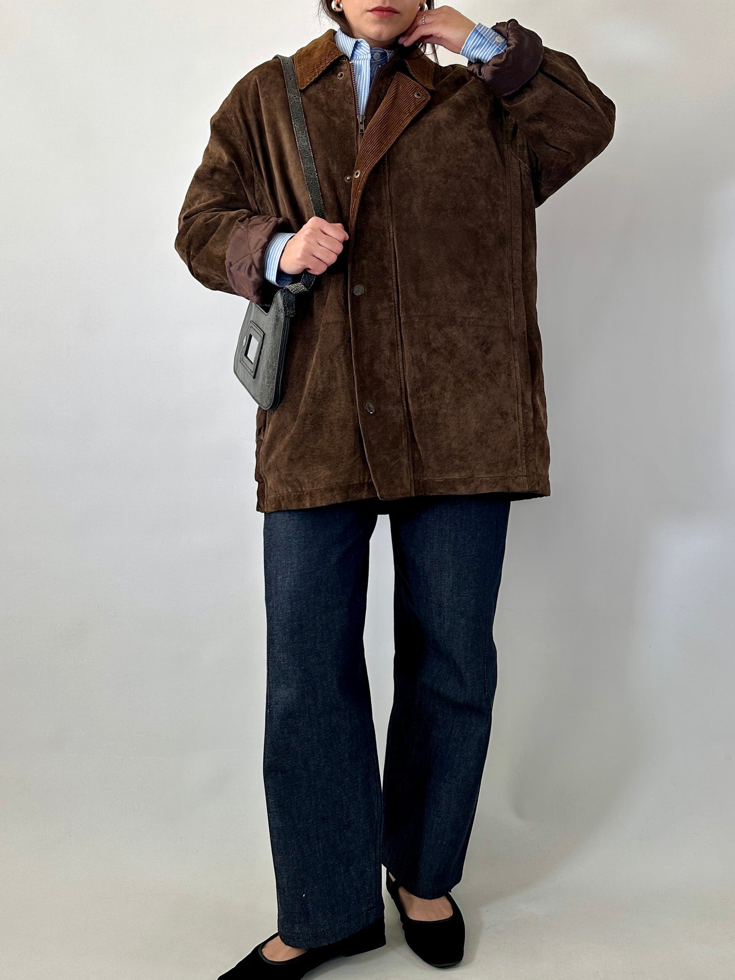British-style suede jacket with corduroy collar