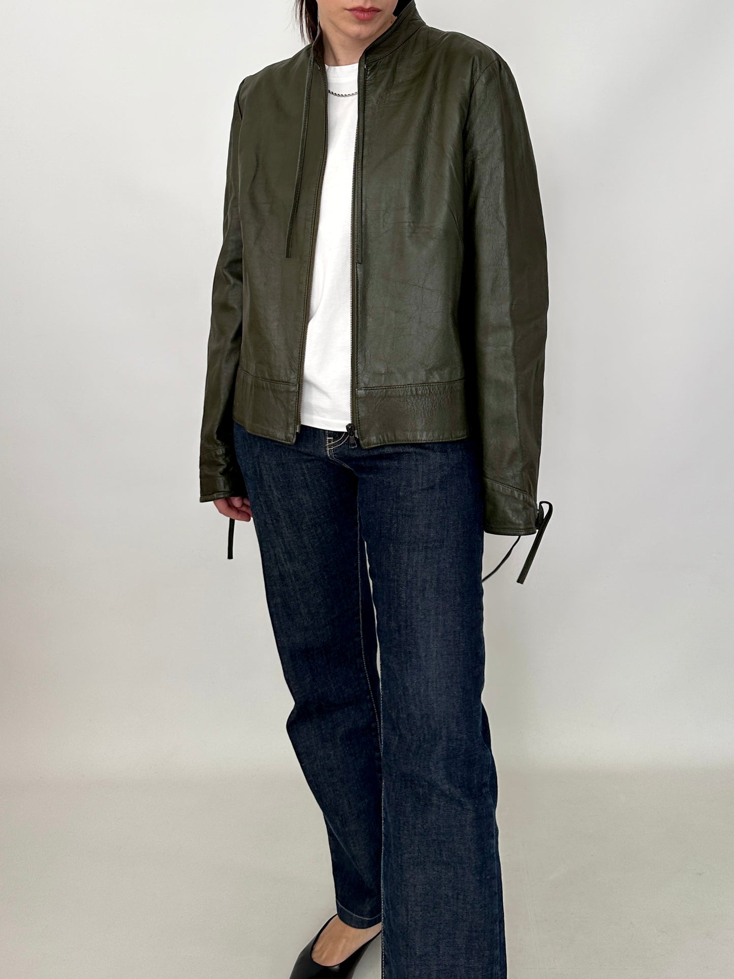 Bow detail vintage green leather jacket