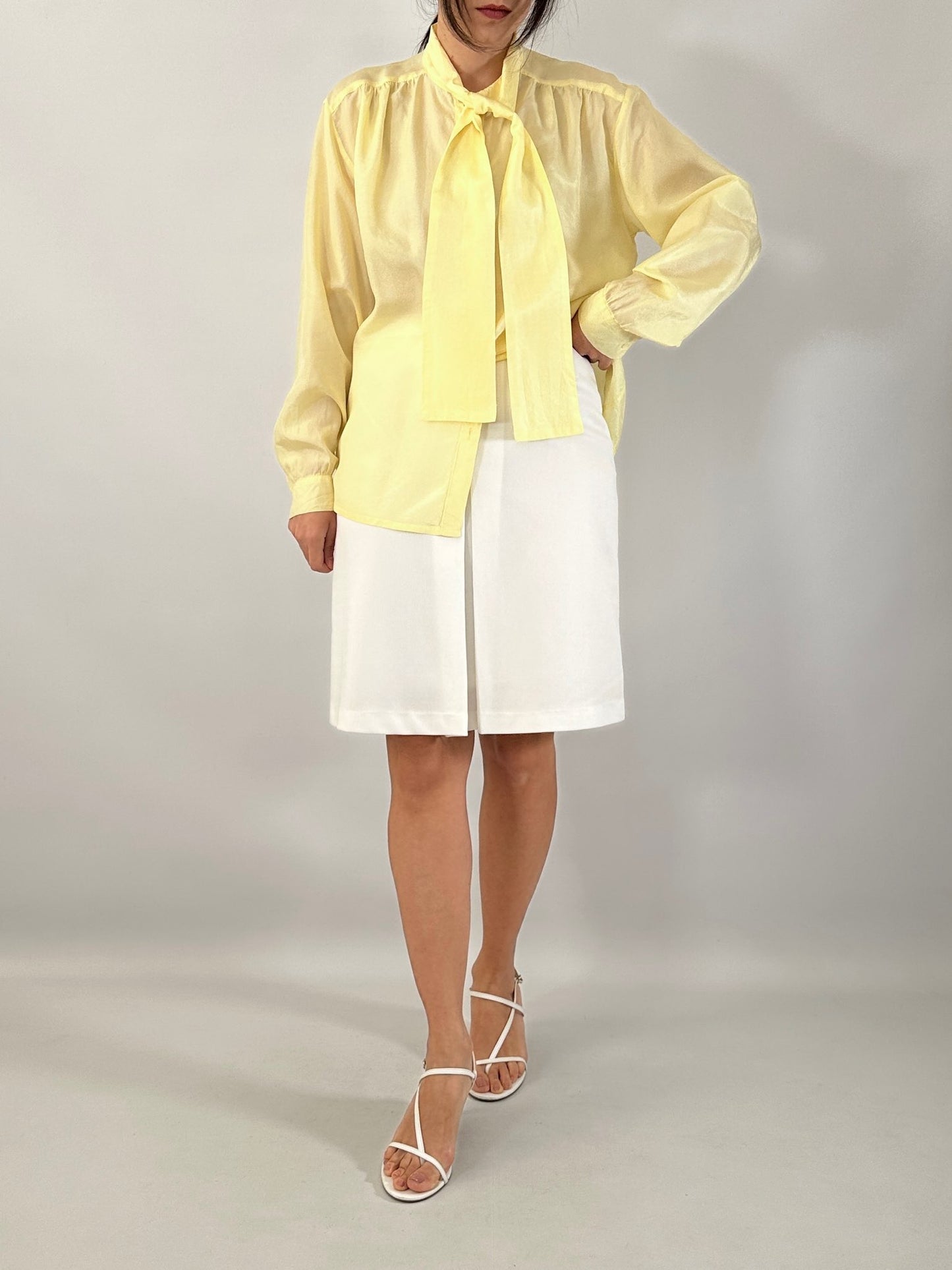 Butter yellow silk bow shirt