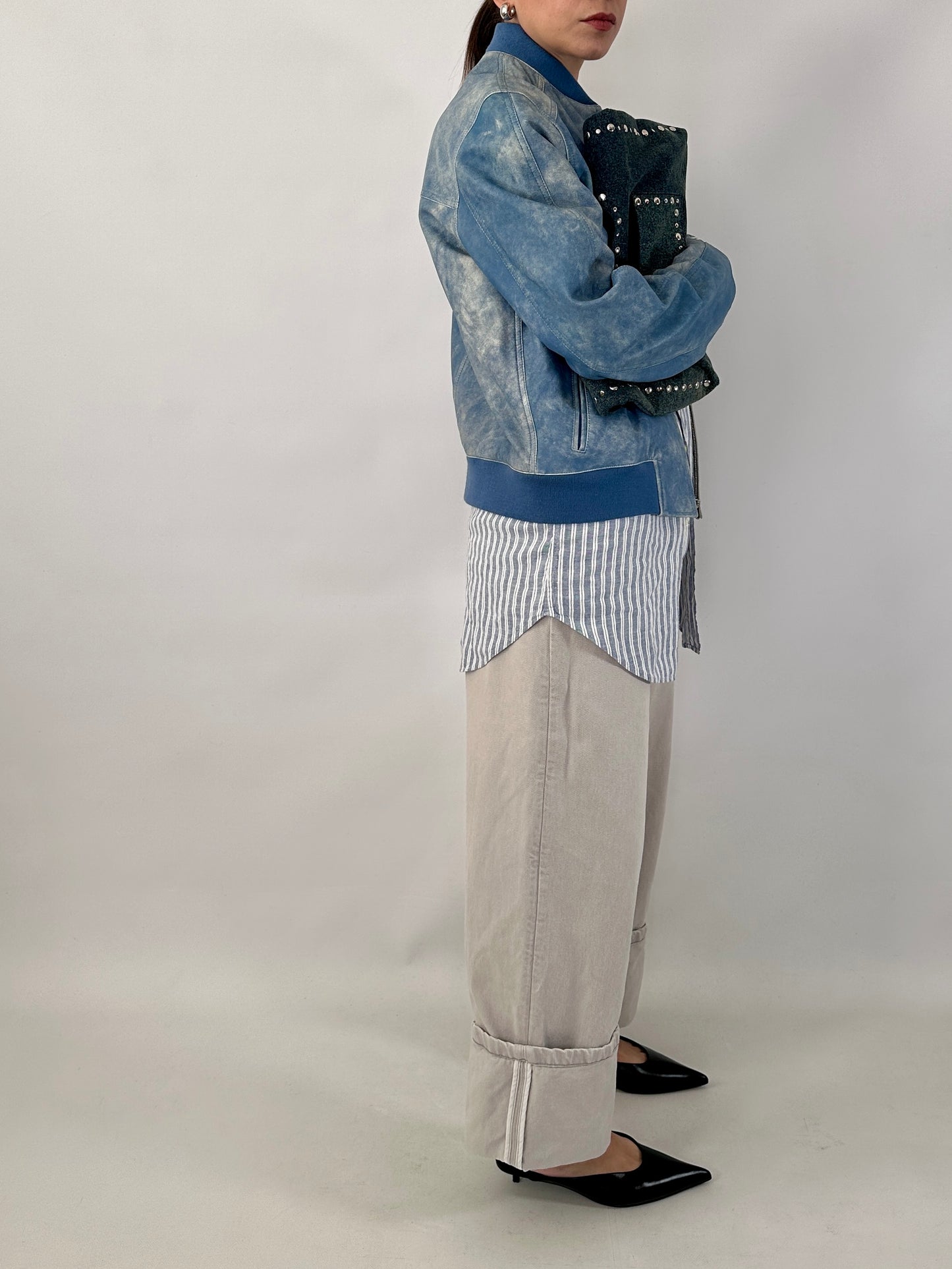 Hugo Boss bomber in distressed sky blue lamb leather