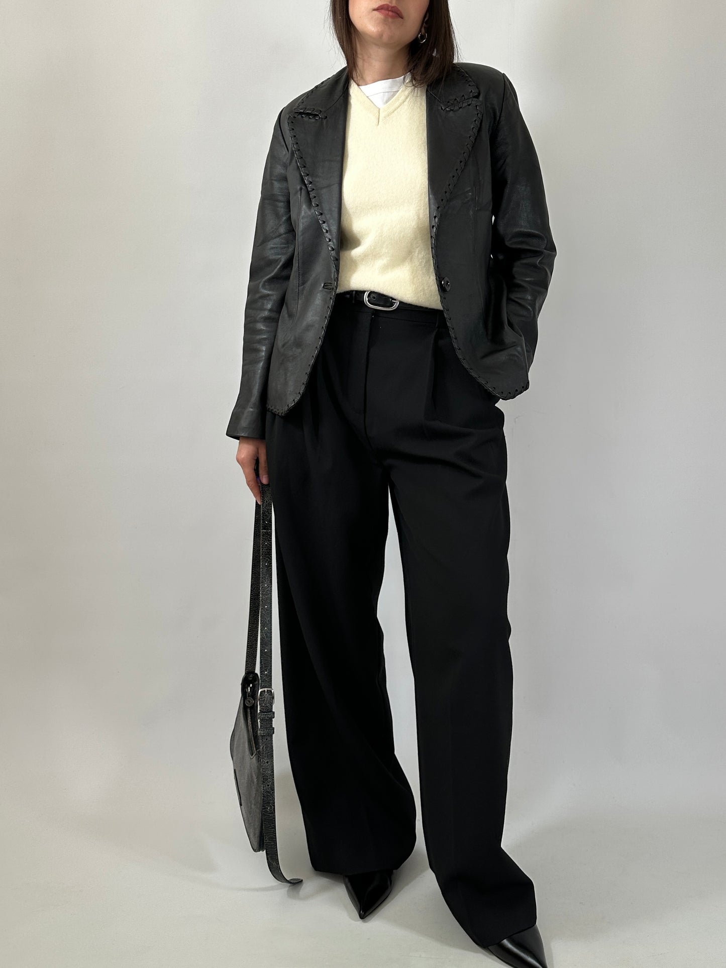 Vintage Stitched Slim Leather Blazer