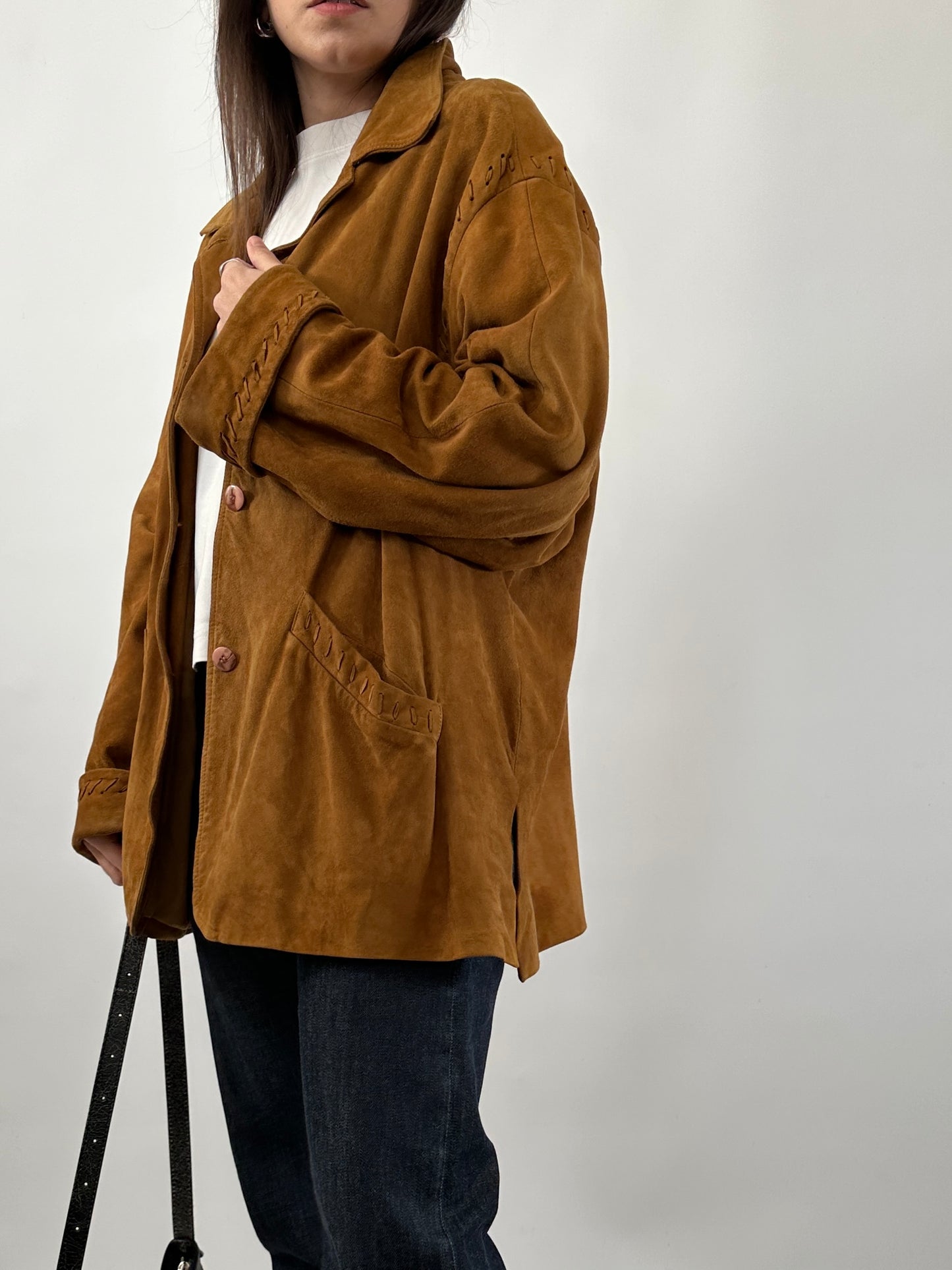 Vintage Suede Jacket with Cross-Stitch Details