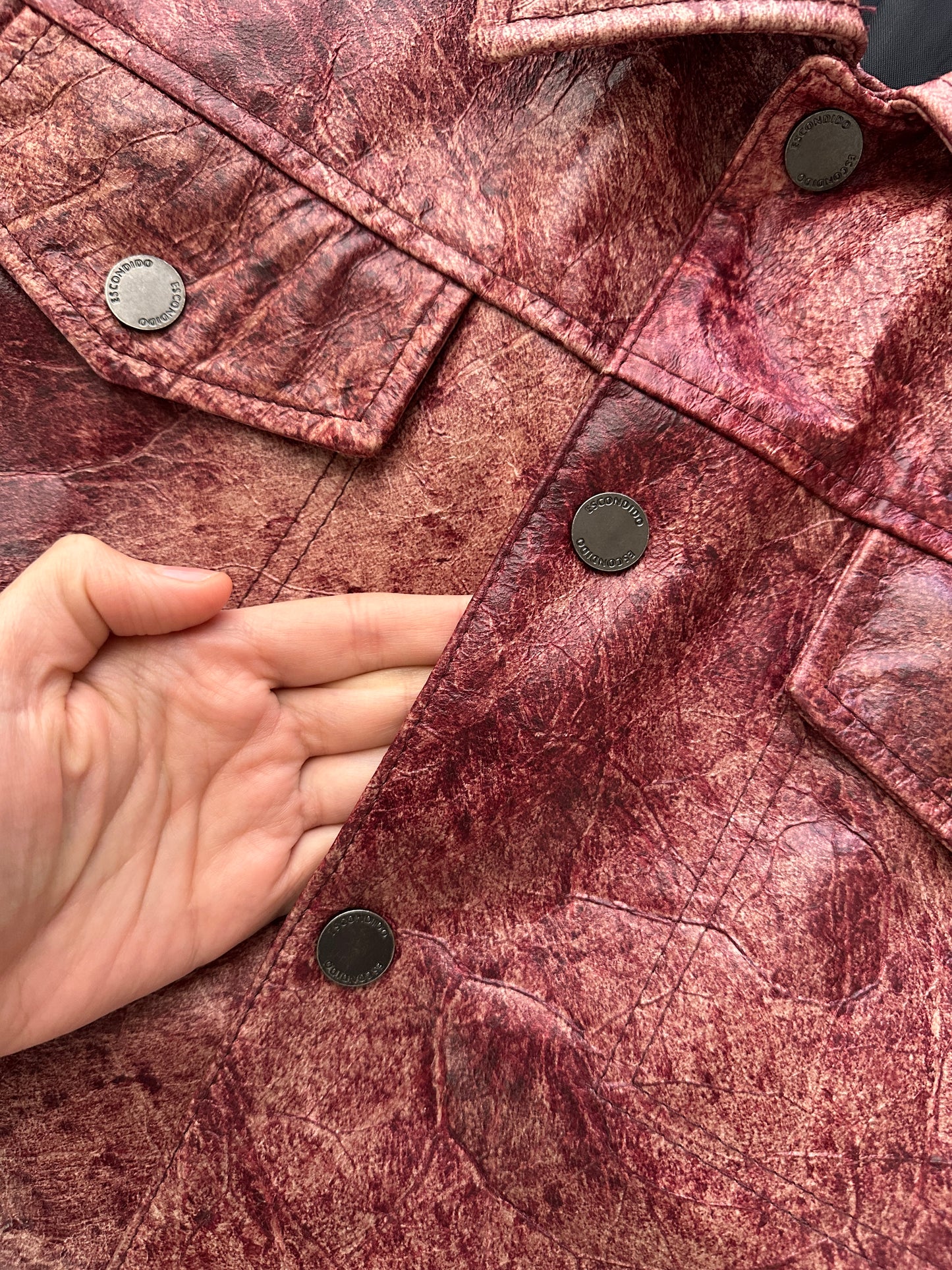 Red marble leather trucker jacket