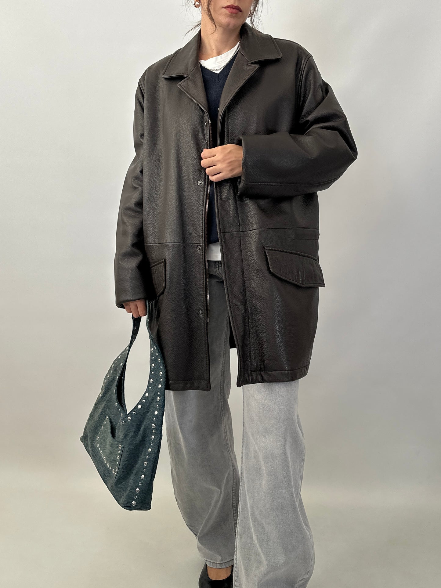 Grained lamb leather brown coat