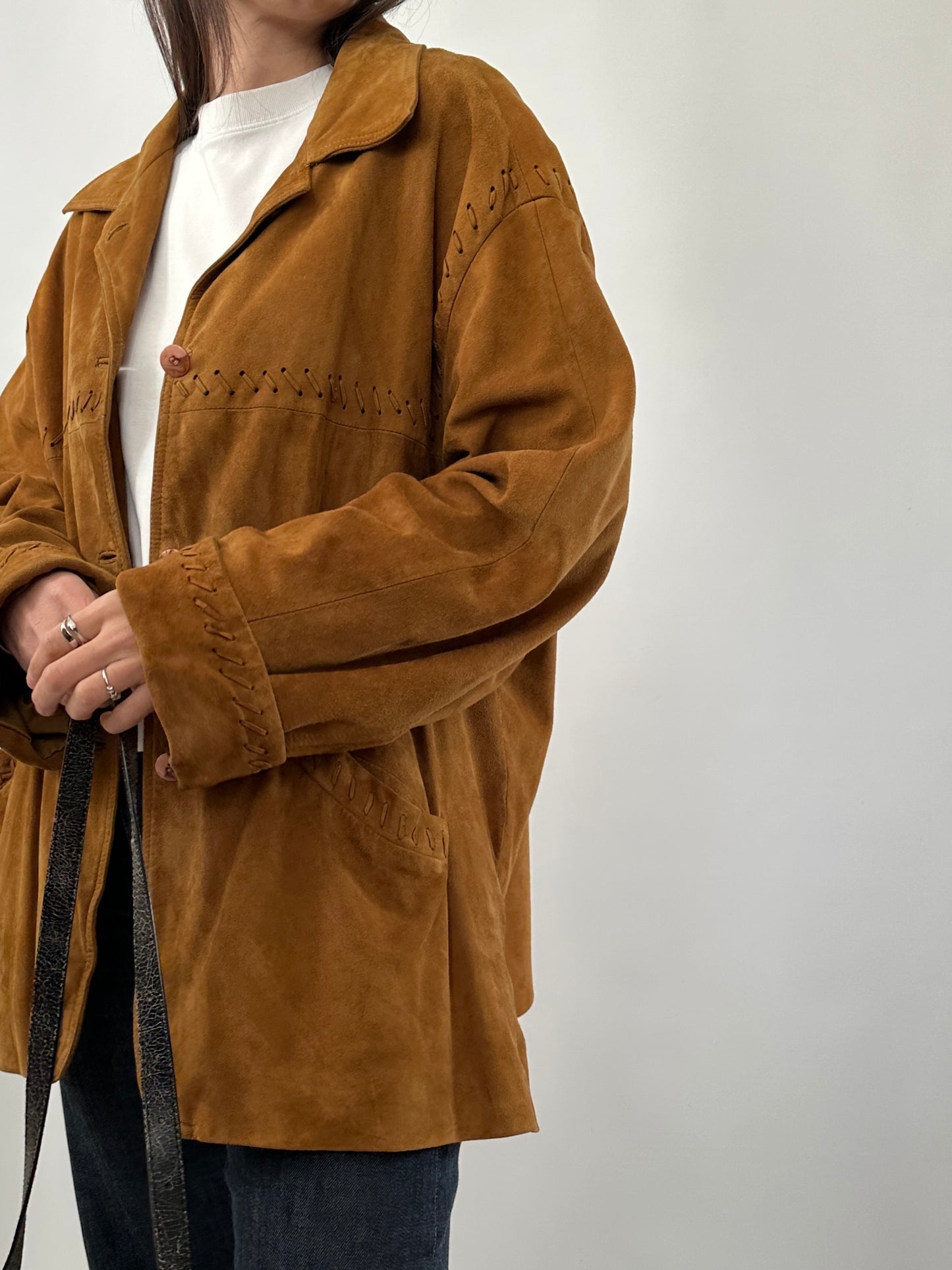 Vintage Suede Jacket with Cross-Stitch Details