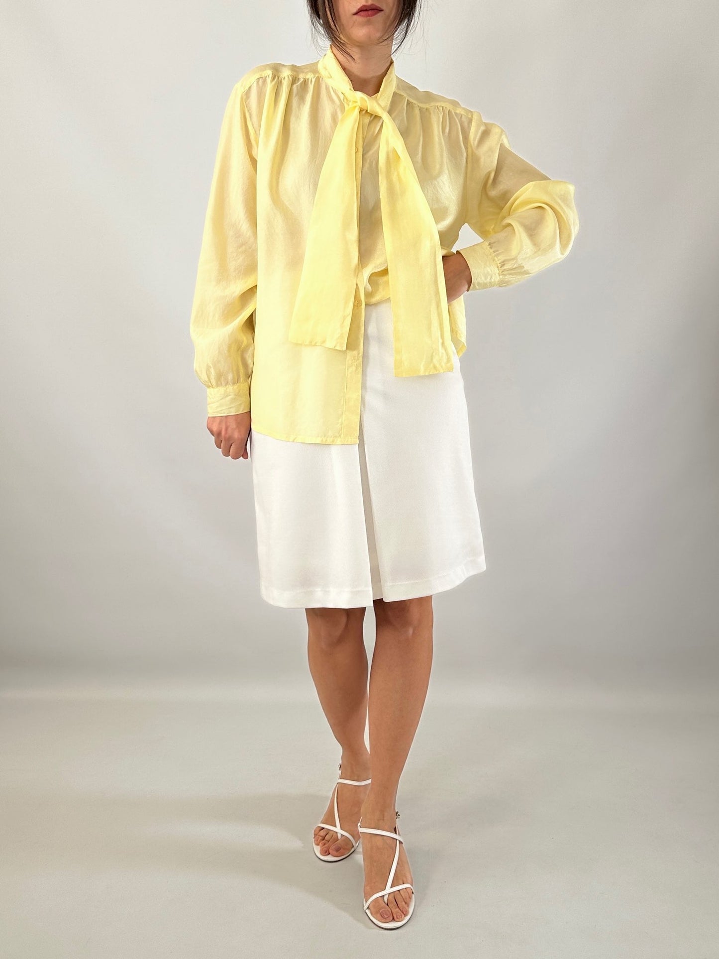 Butter yellow silk bow shirt