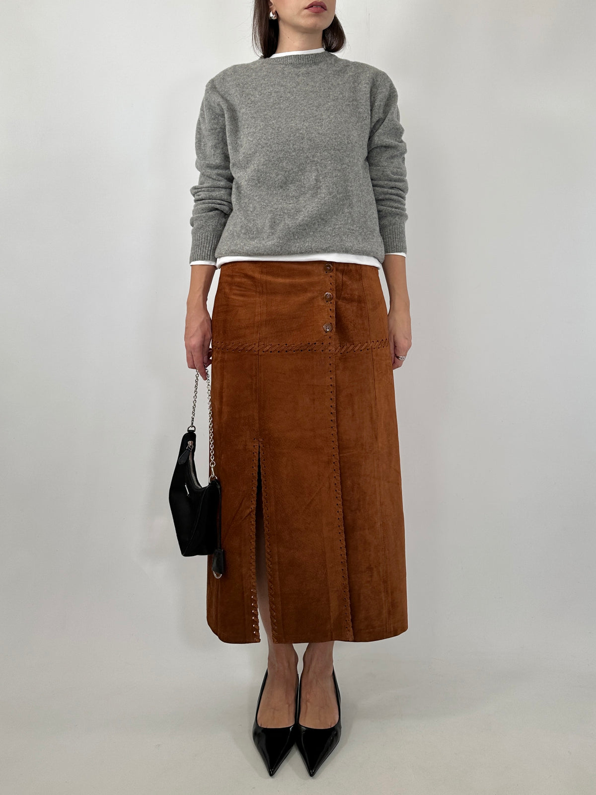 Suede Double Slit Midi Skirt