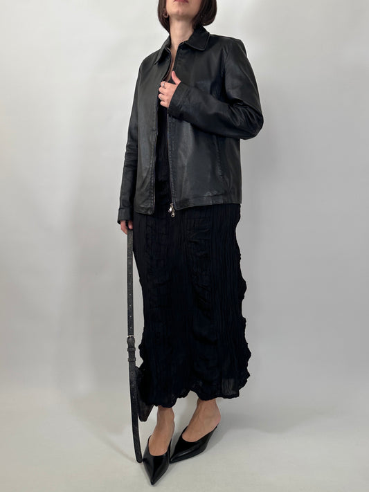 Minimal Black Leather Zip-Up Jacket
