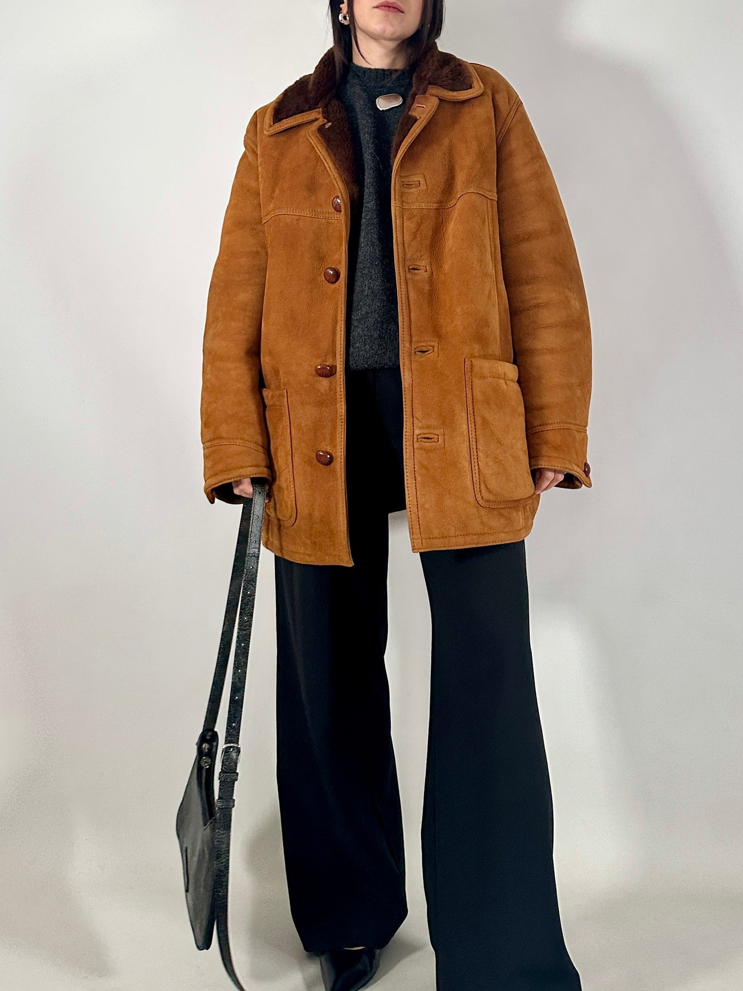Vintage shearling coat in soft suede leather