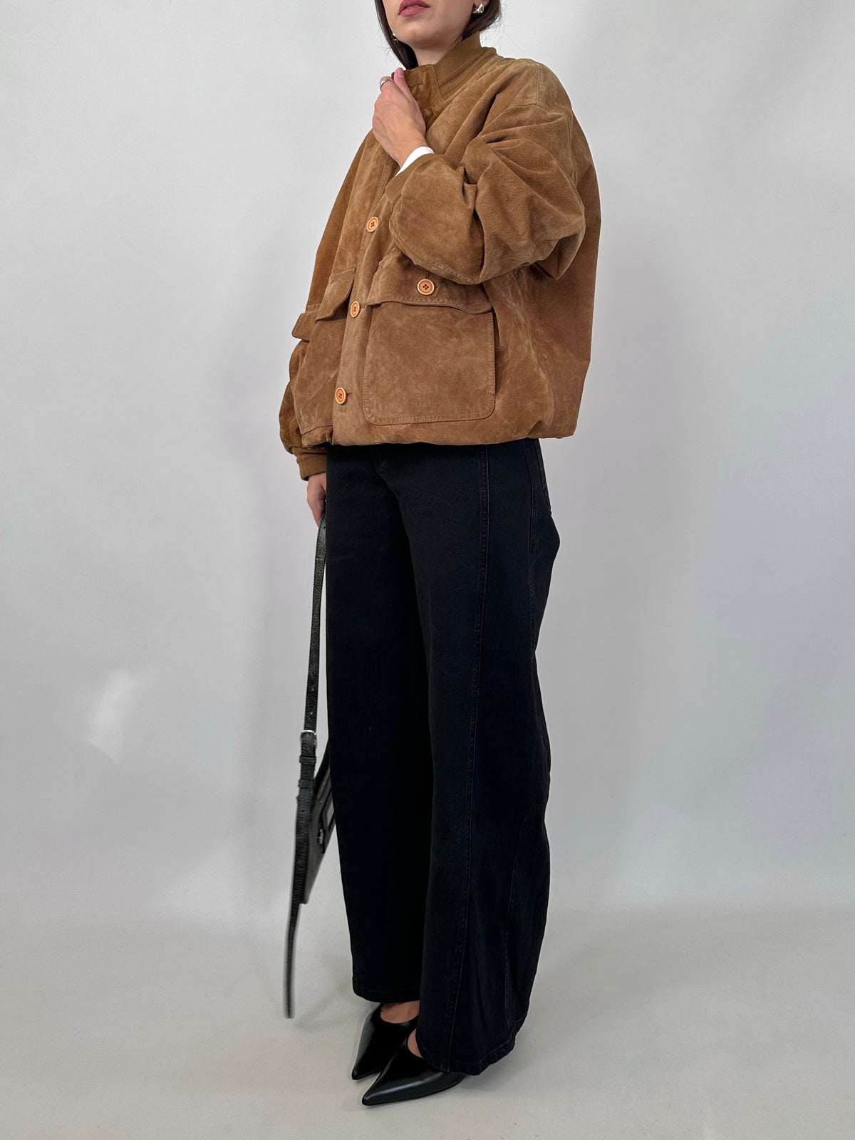 Cognac Suede Bomber Jacket