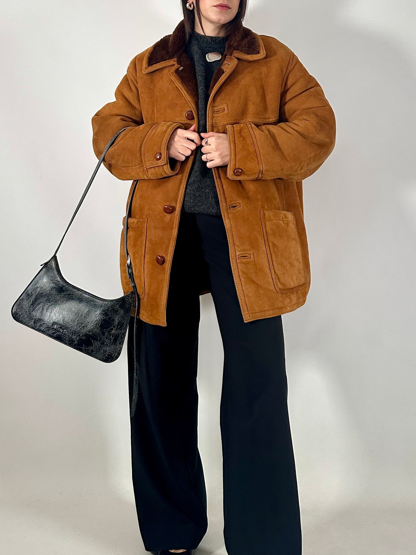 Vintage shearling coat in soft suede leather