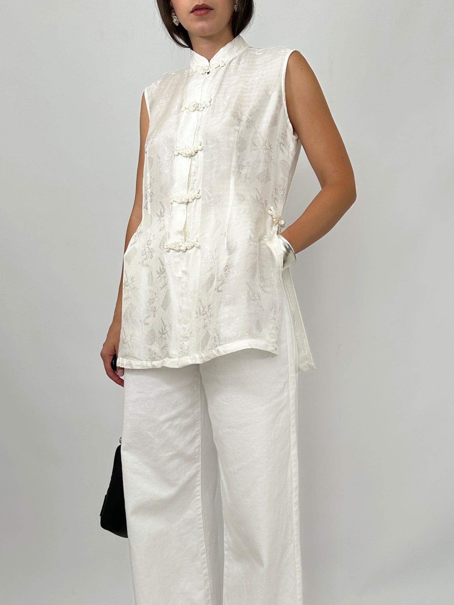 White Silk Jacquard Frog Closure Blouse