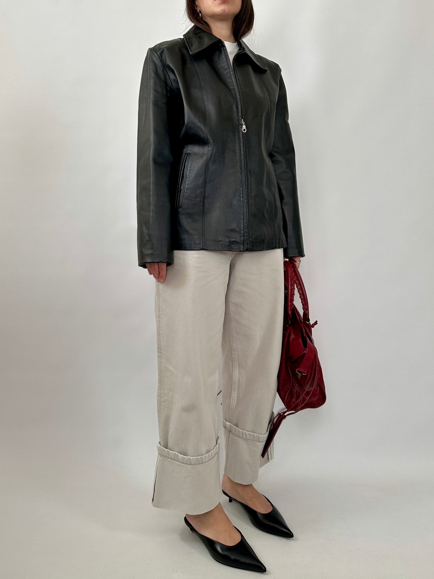 Minimal Black Leather Zip Jacket