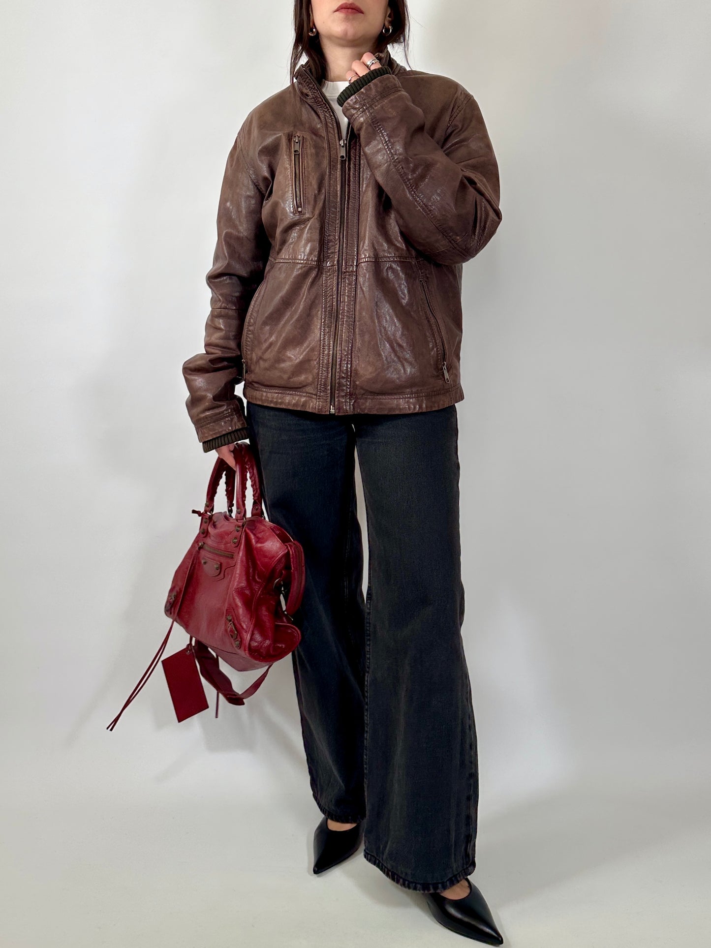 Vintage Brown Leather Zip Jacket
