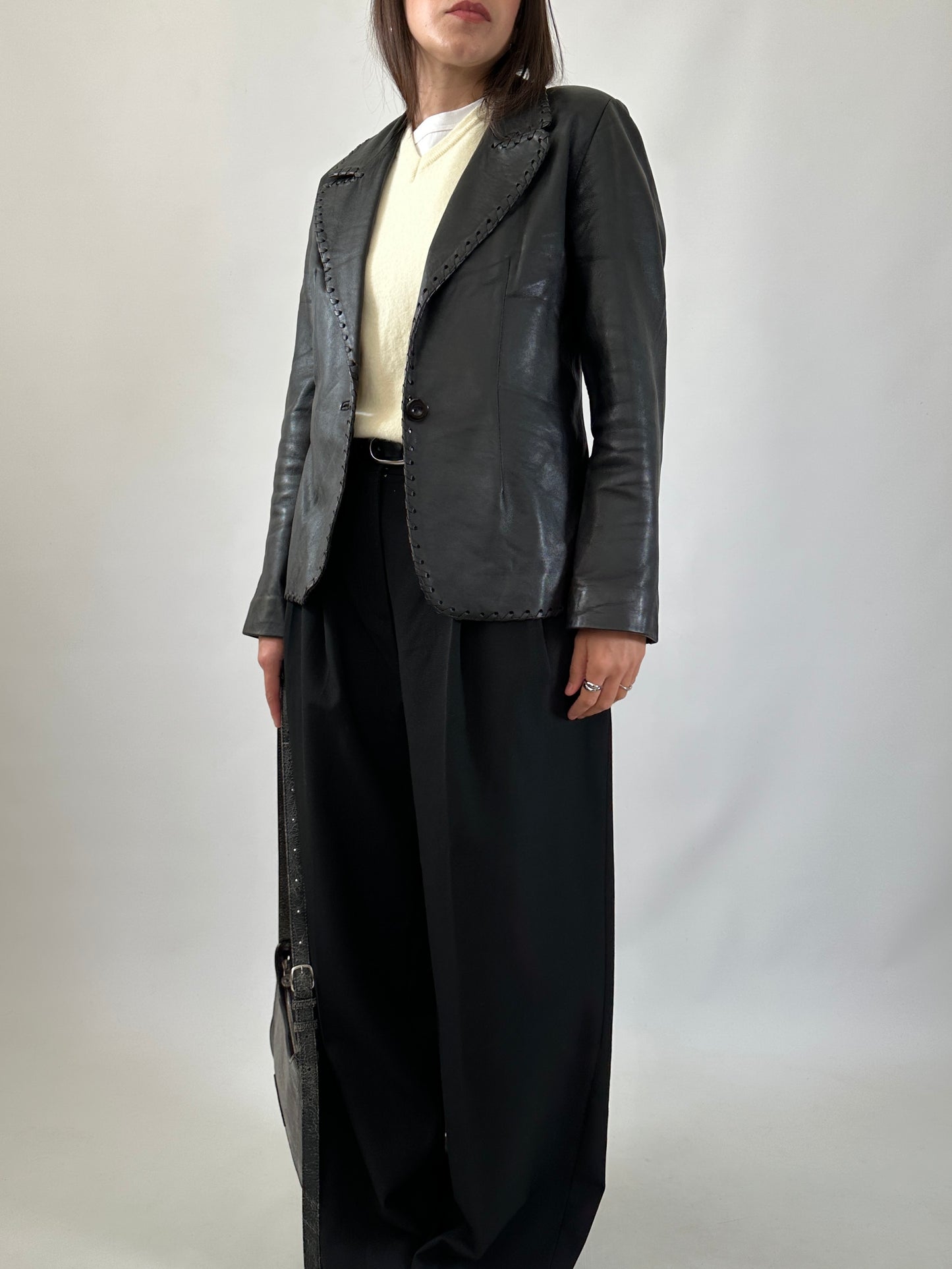 Vintage Stitched Slim Leather Blazer