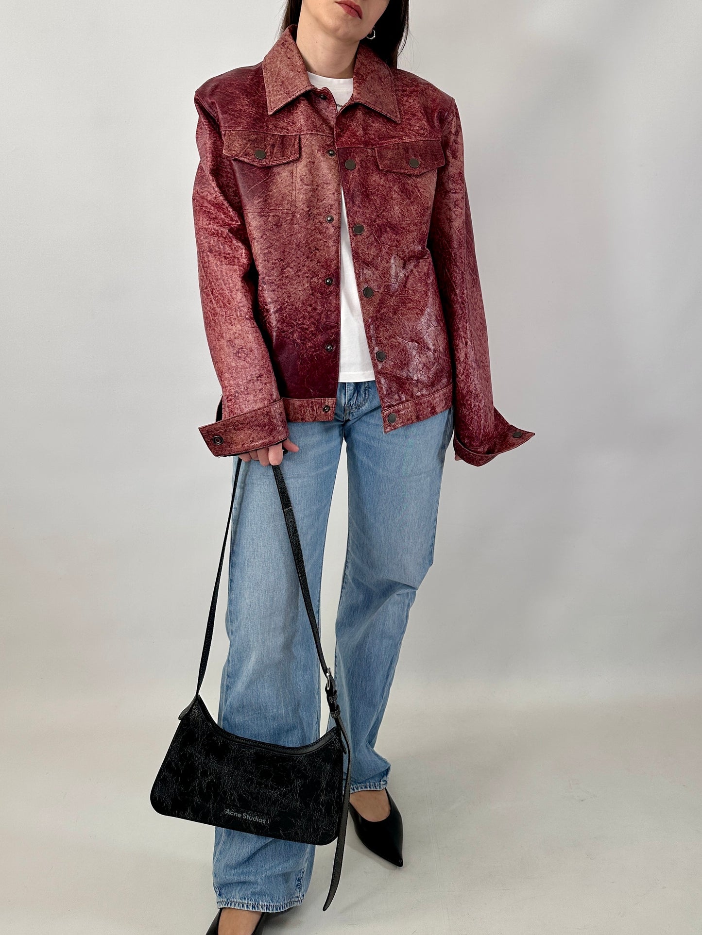 Red marble leather trucker jacket