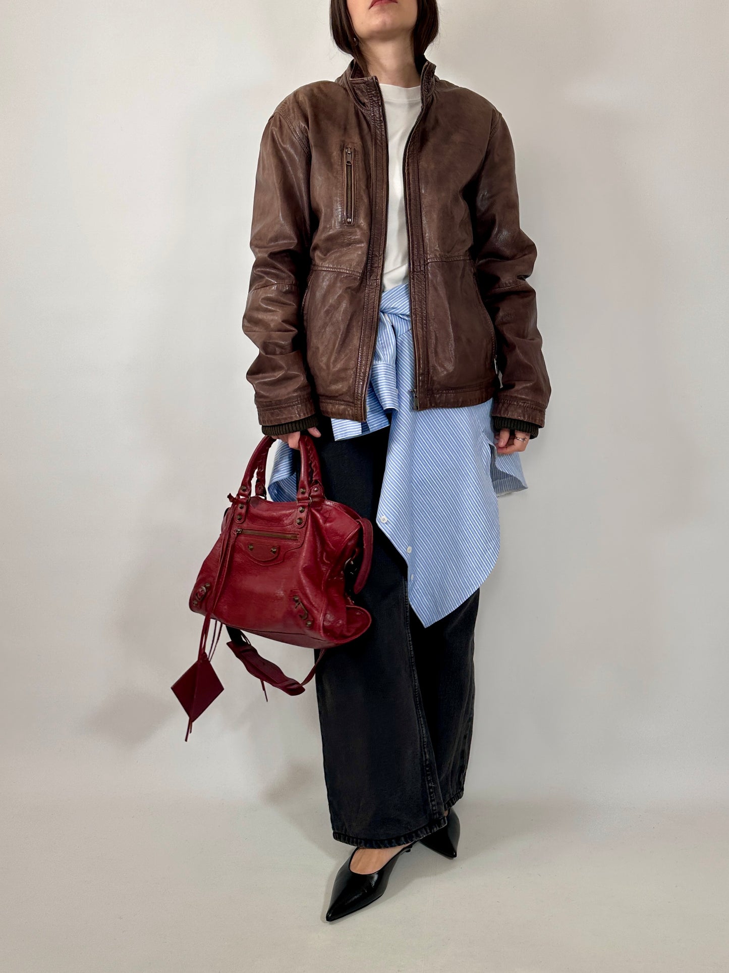 Vintage Brown Leather Zip Jacket