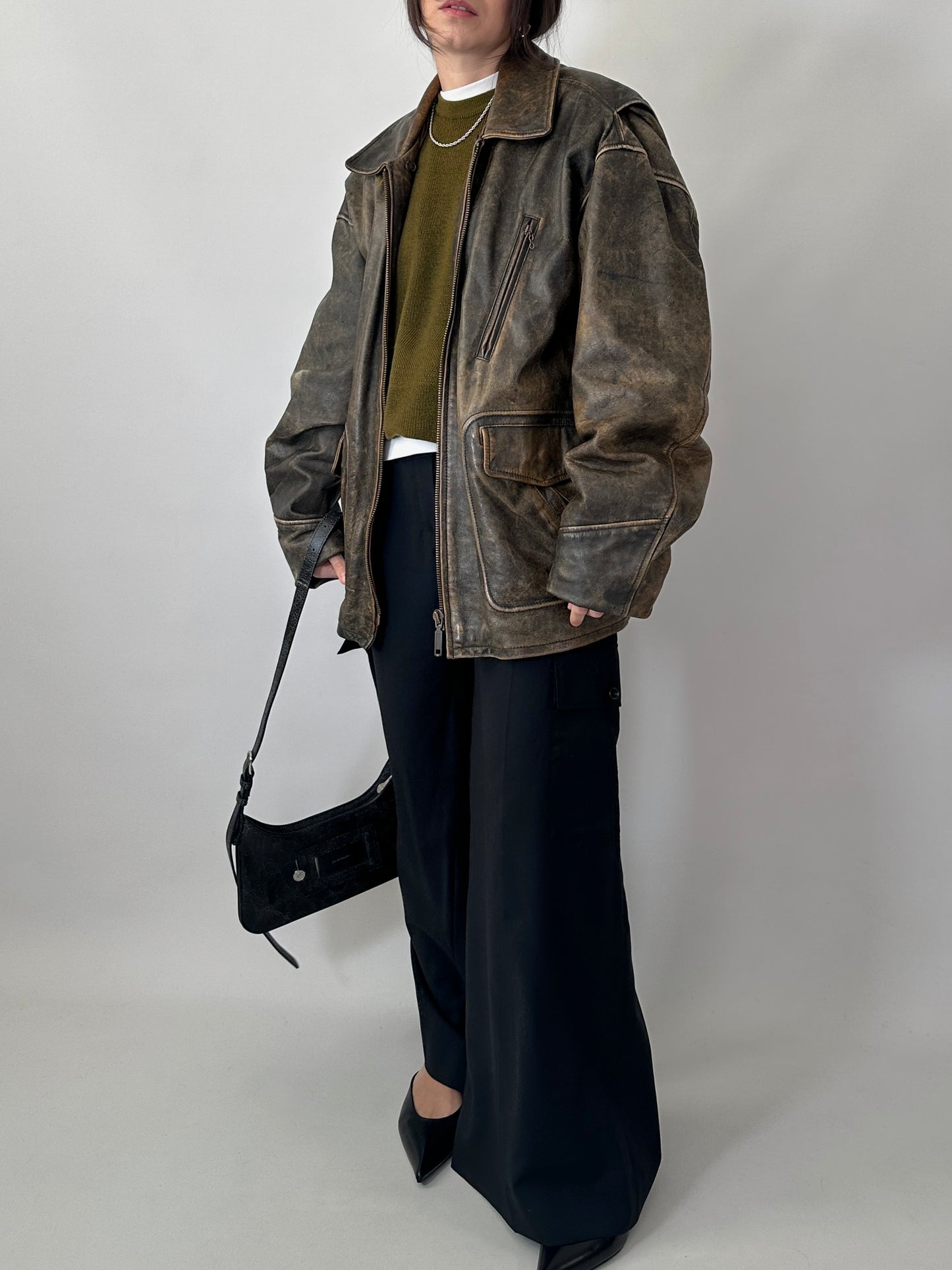 Oversized aviator jacket in distressed real leather