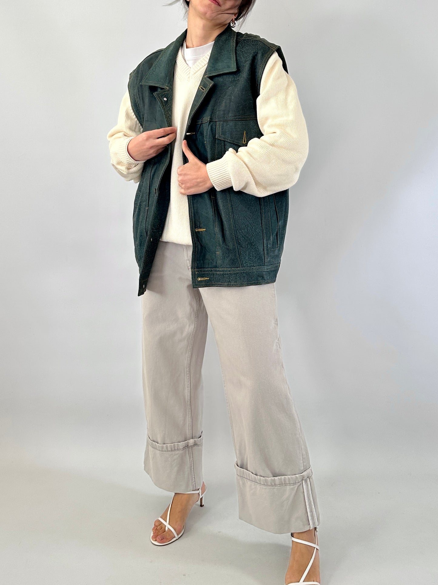 Genuine leather vest denim effect